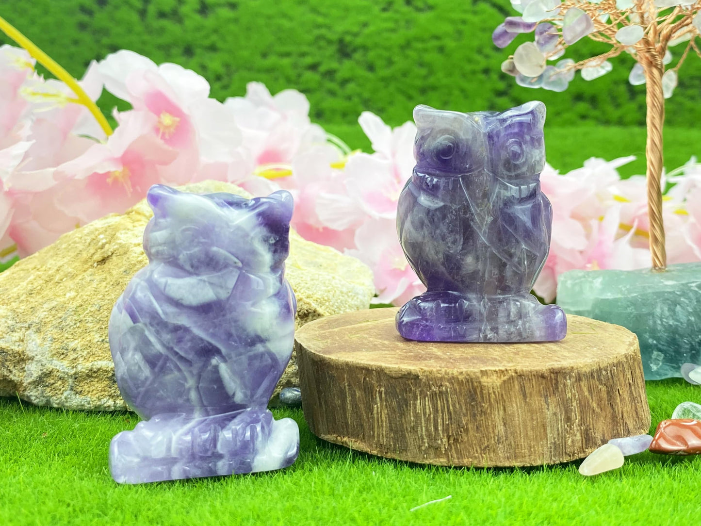 YATOJUZI 2” Owl Decors Natural Amethyst Crystals Stones Purple Cute Decor Polished Hand-Carved Sculpture Statue Figurines Gemstone Home Office Desk Decoration Reiki Energy Gifts