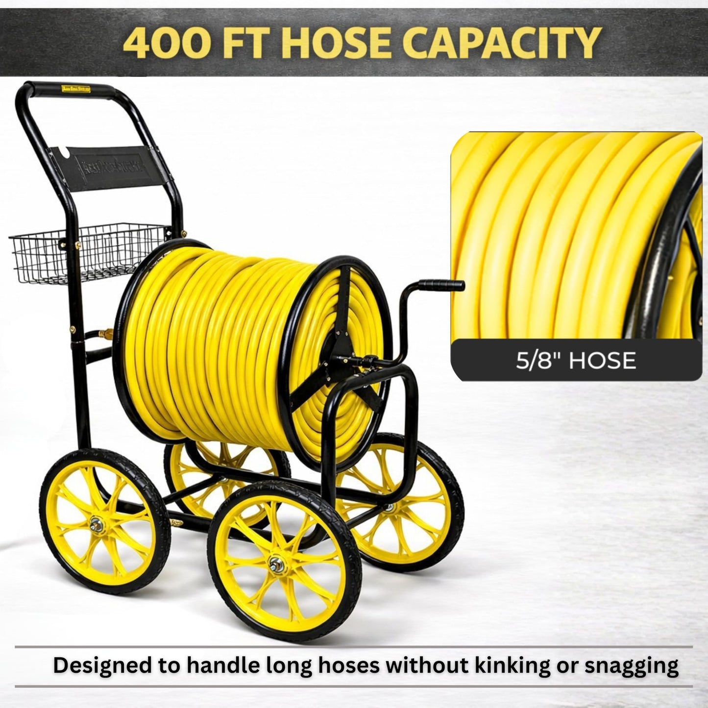 Real Hose Storage Garden Hose Reel Cart, Heavy Duty Hose Reel with Wheels, Outdoor Water Hose Reel for Backyard, Garden, or Lawn, Metal Hose Carts (400ft Hose Carriage)