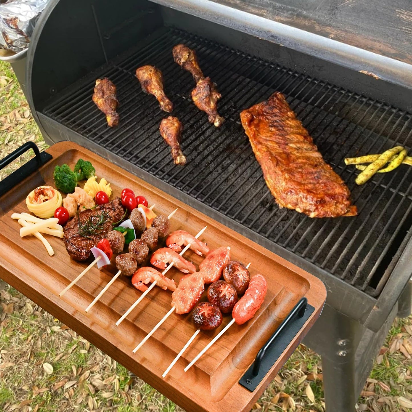 Large Wooden Charcuterie Boards with Handles, Extra Long Wood Serving Tray Platters,Rectangular BBQ Meat Cutting Cheese Board for Party Appetizers,Home & Outdoor 23.6x11.8x1.1”