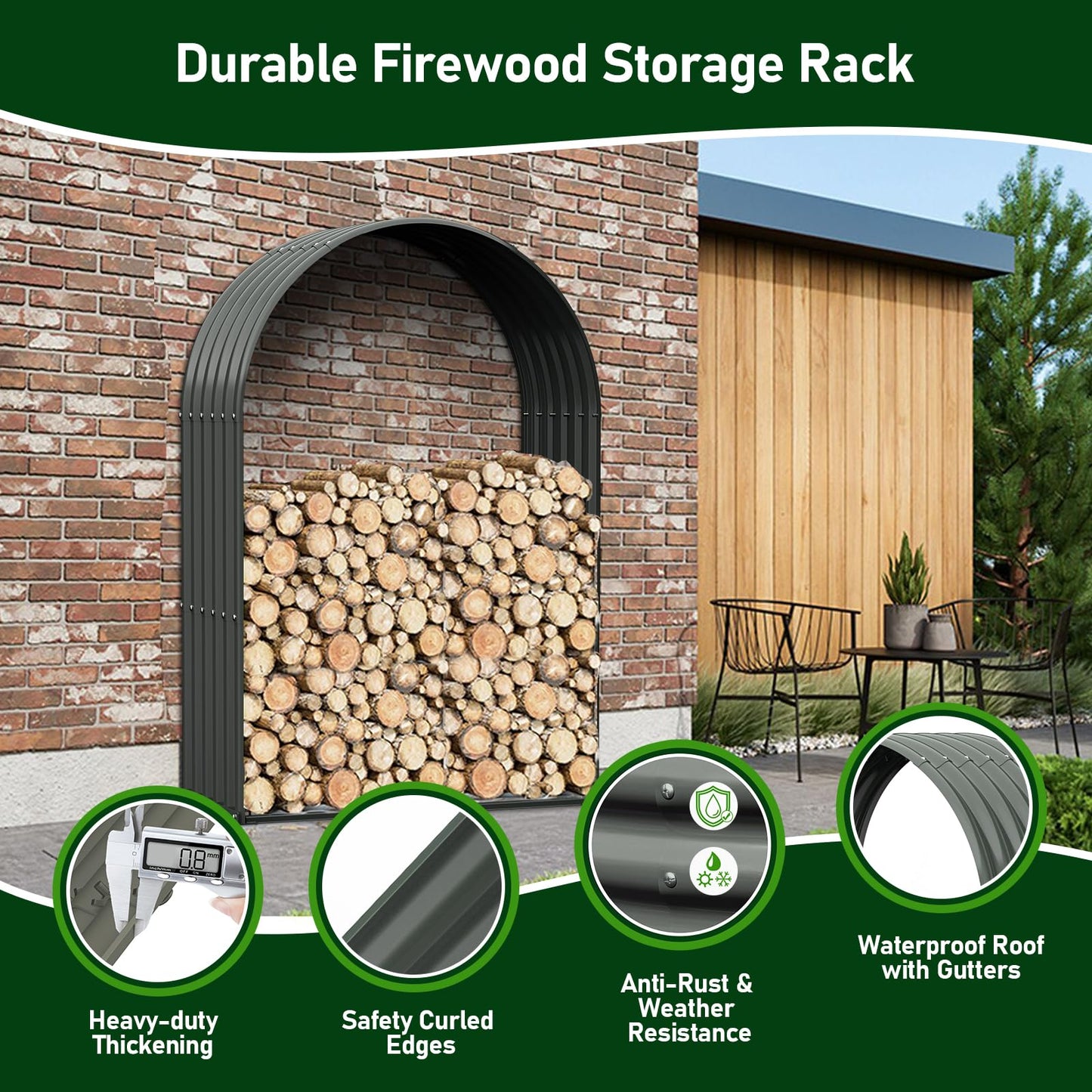 A ANLEOLIFE 2-Set Galvanized Steel Firewood Storage Rack with Weatherproof Corrugated Roof, Heavy Duty Outdoor Log Holder for Patio Porch Fire Pit, Arch Gray