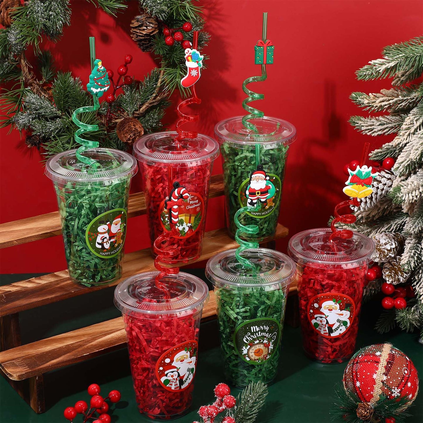 Vesici 124 Pcs Christmas Plastic Cups Bulk with Lids Straws Stickers Raffia Snowman Santa Claus Plastic Cups Xmas Disposable Clear Mugs Party Favor Holiday Birthday Wedding Party Supplies, 24 Sets