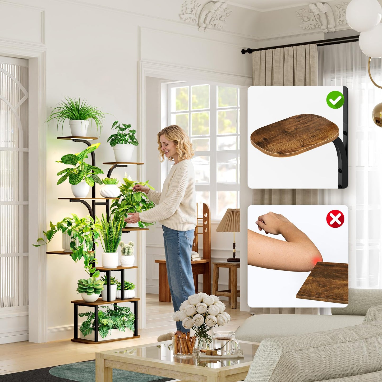 MemoCastle Tall Plant Stand with Grow Lights – 8 Tier 63" Metal and Wooden Indoor Flower Shelf Rack, Adjustable Large Corner Organizer for Living Room or Home Gardening Display