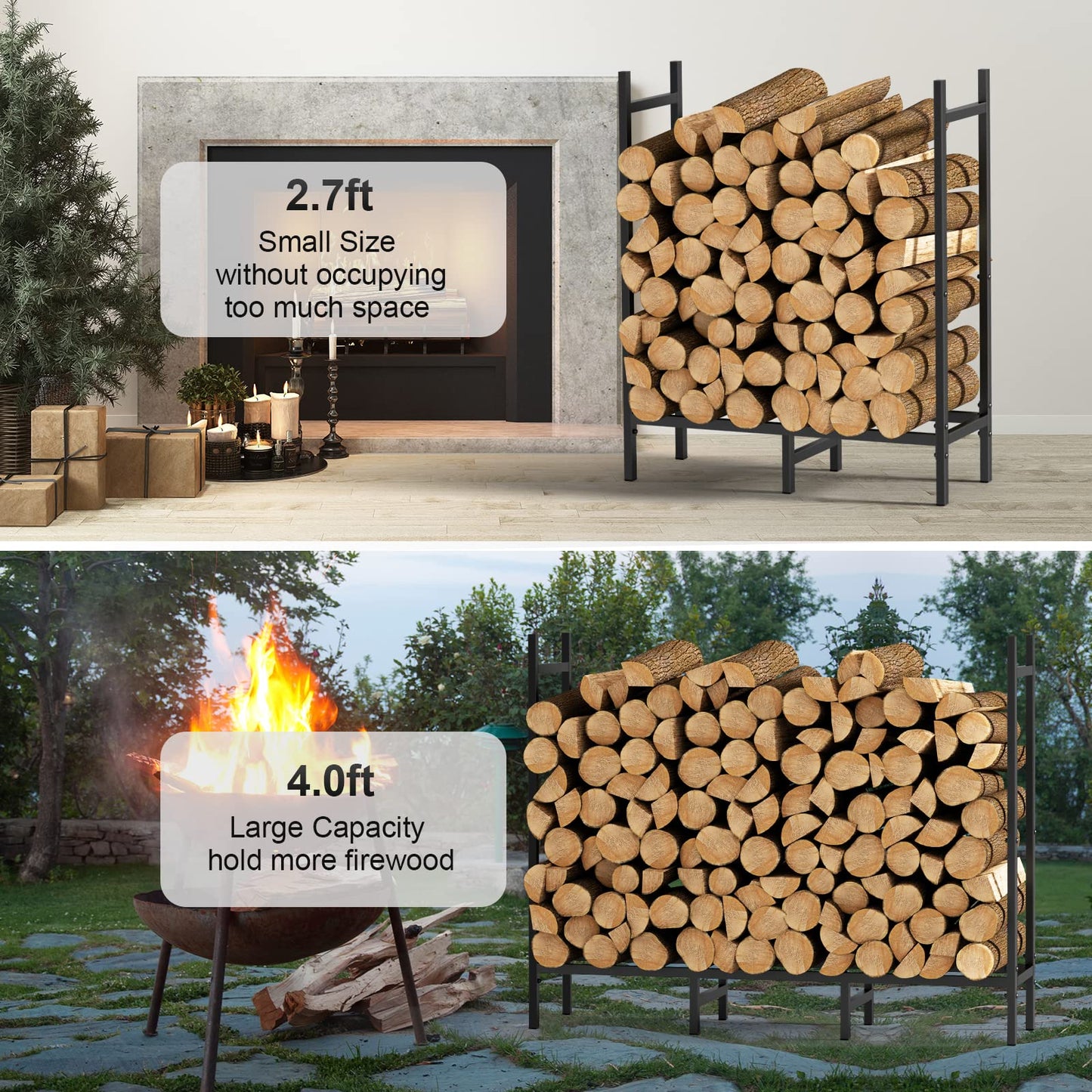 4FT Firewood Rack Indoor Outdoor, Heavy Duty Log Holder Stand for Fireplace, Adjustable Wood Storage Organizer with Weather-Resistant Tubular Steel, Cradle for Kindling & Stacking Logs
