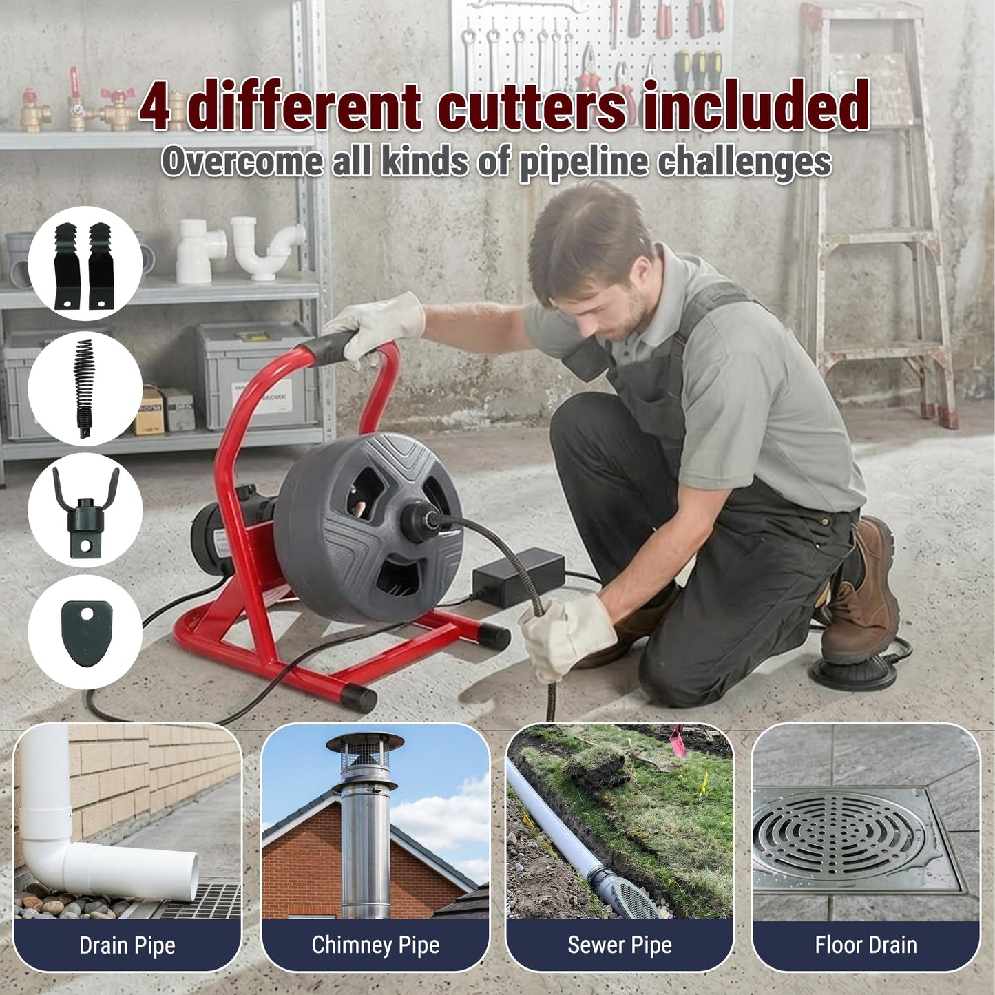 Holdwell S 50FT x 5/16 Inch Drain Cleaner Machine, Electric Drain Auger for 3/4"-3" Pipes, Enclosed Plastic Drum with 4 Cutters & Pneumatic Foot Switch, Sewer Snake Auger