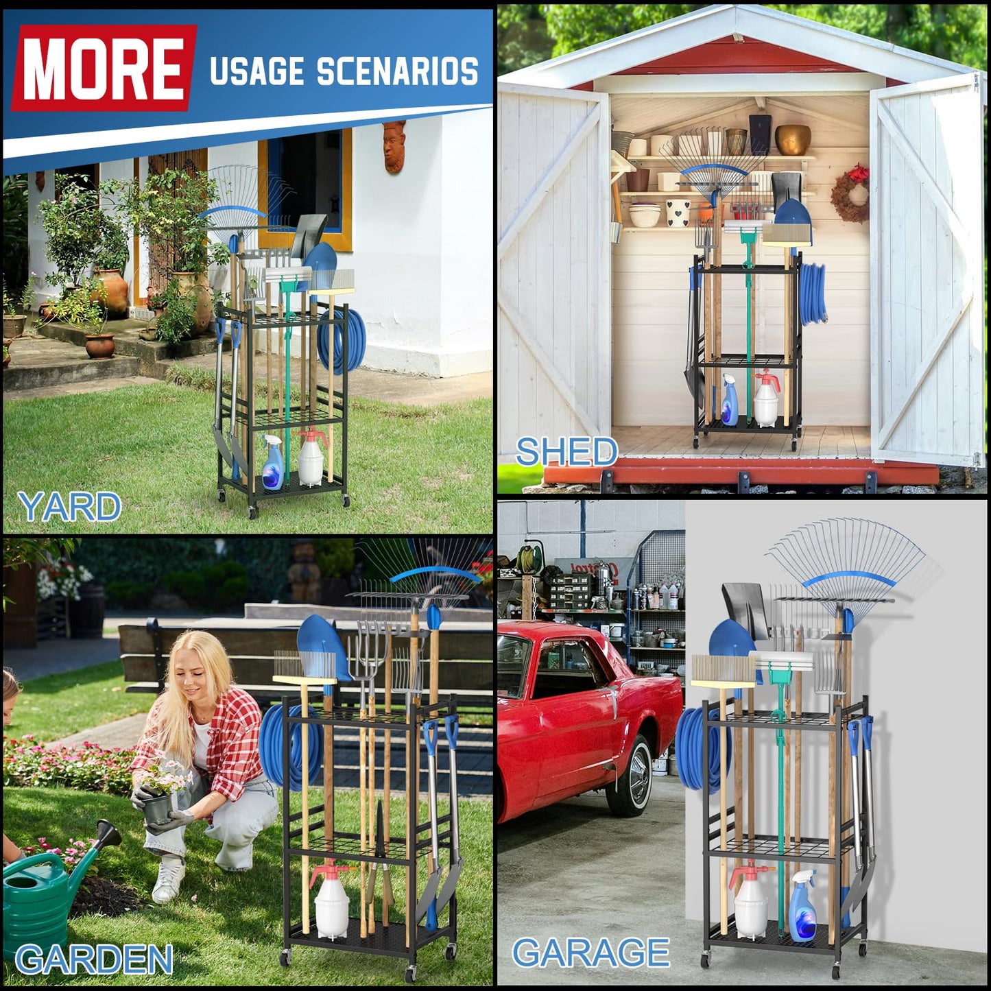 DAOUTIME Garden Organizer With Wheels, Yard Tower Rack for Garage Storage, Up to 35 Long-Handled Tools, Sturdy Metal Steel Holder With 3 Hooks, Outdoor, Black