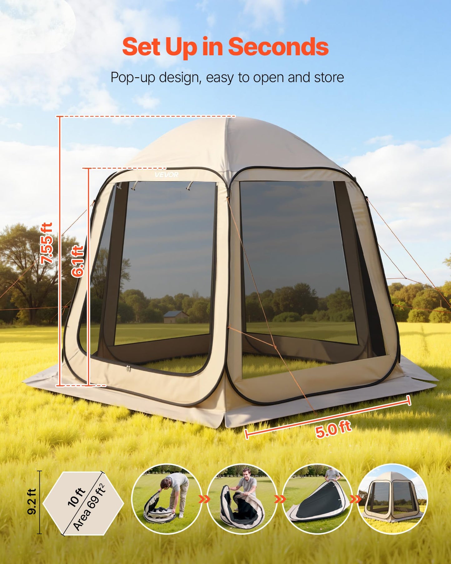 VEVOR Pop up Screen House Tent, 10 x 9.2 ft, 4-8 Person Screen Gazebo, Portable Screened in Canopy with Carry Bag, Netting Sides, Ground Stakes, for Garden, Patio, Backyard, Outdoor Activities, Beige