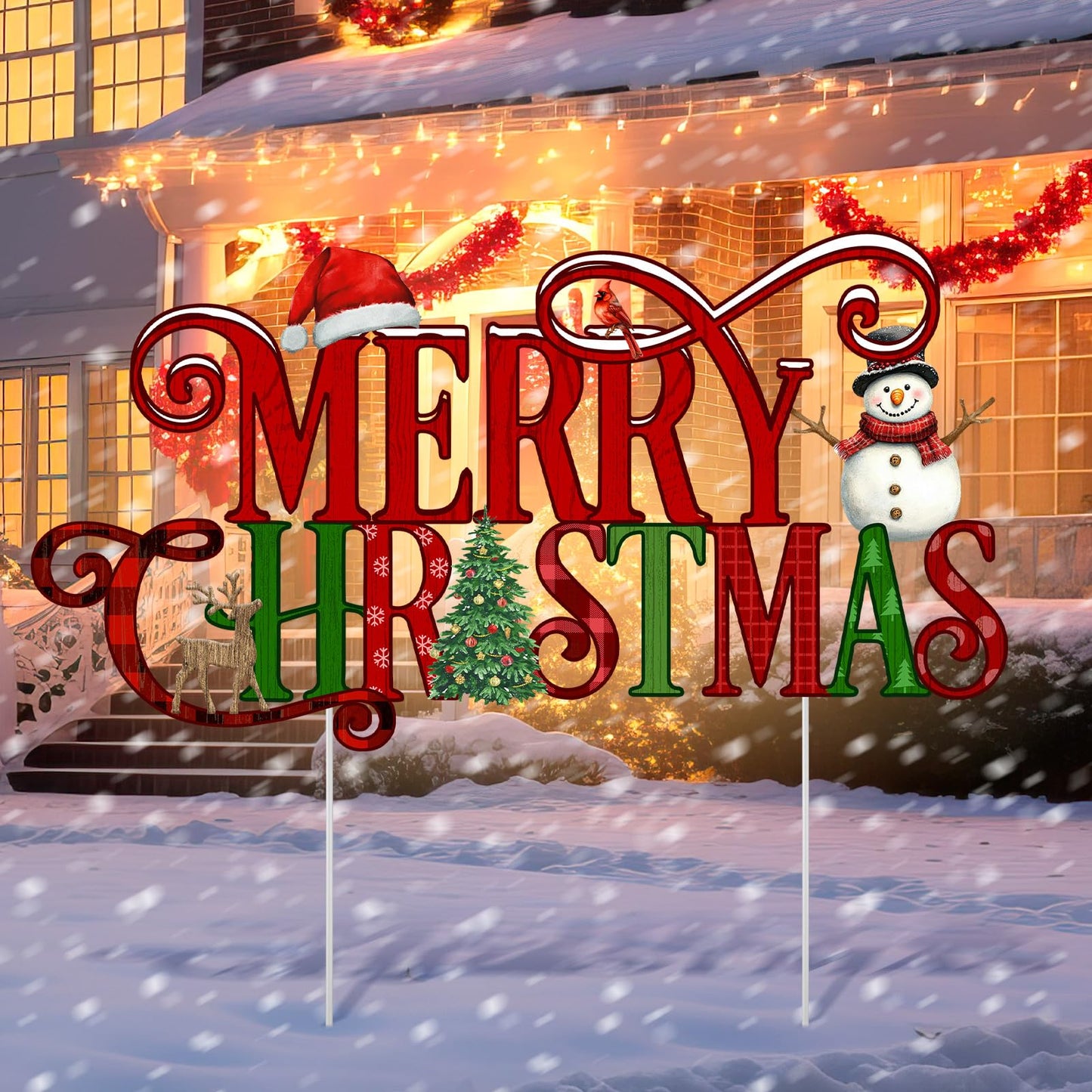 Memorywuu Metal Christmas Decoration Merry Christmas Yard Sign Stake 14.2 Inch Xmas Tree Snowman Santa Hat Outdoor Yard Decor for Xmas Outside Holiday Lawn Decorations Garden Patio Walkway