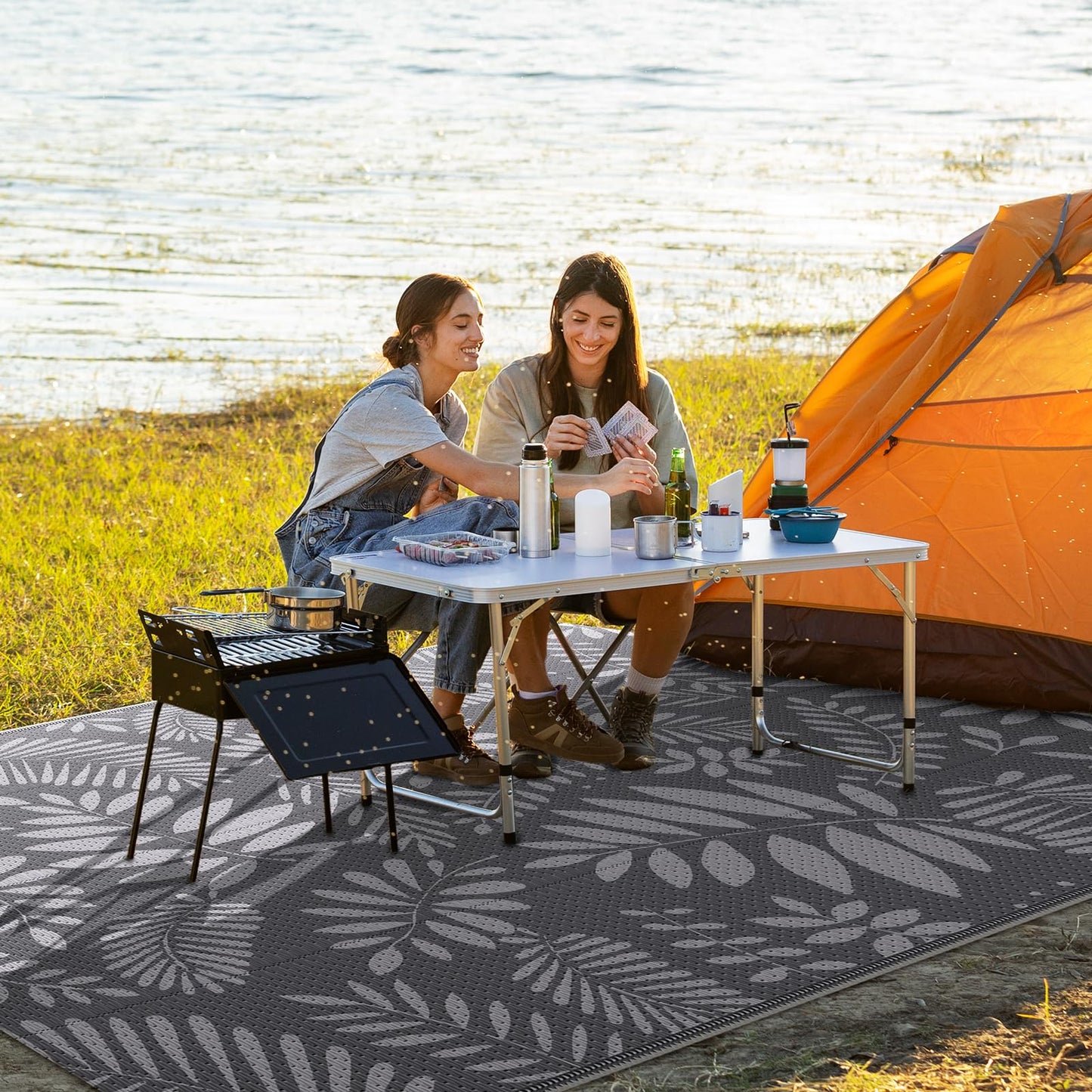 StepRite Outdoor Rug, Patio Rug, Plastic Straw Camping Rugs, Large Waterproof Area Rug and Mat for Outdoors, RV, Patio, Backyard, Deck, Porch, Beach, Balcony, (5'x 8', White&Gray)