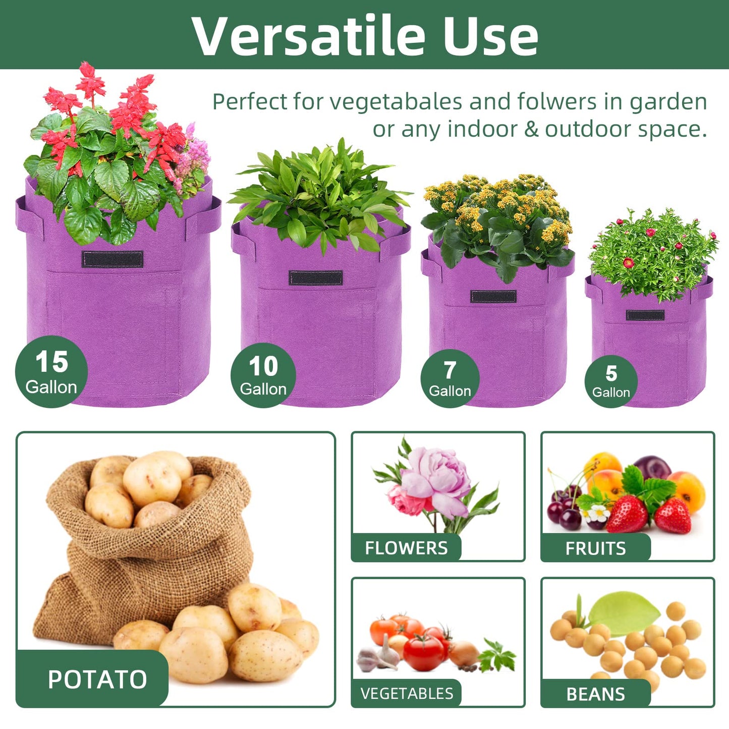 Ohiyoo 6 Pack 15 Gallon Potato Grow Bags with Flap, Potato Growing Bags Garden Planting Bag with Handle, Nonwoven Fabric Vegetables Grow for Potato Tomato Carrot Onion (15 Gallon)