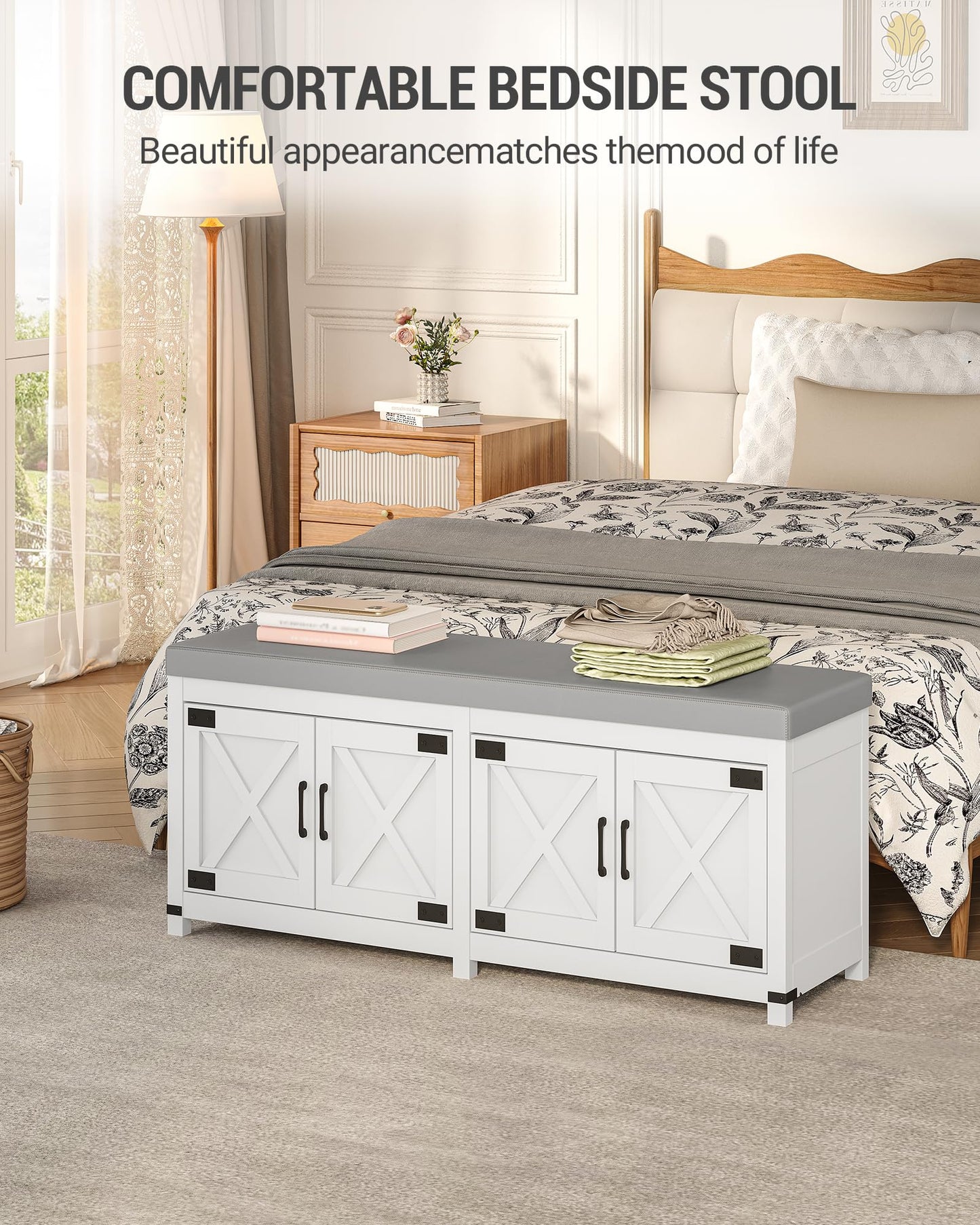 Hzuaneri Shoe Storage Bench, 2 Tier Shoe Bench with Padded Seat Cushion & 4 Barn Doors, Entryway Bench with Adjustable Shelf, Farmhouse Shoe Cabinet for Living Room, Bedroom, White SB31203GY