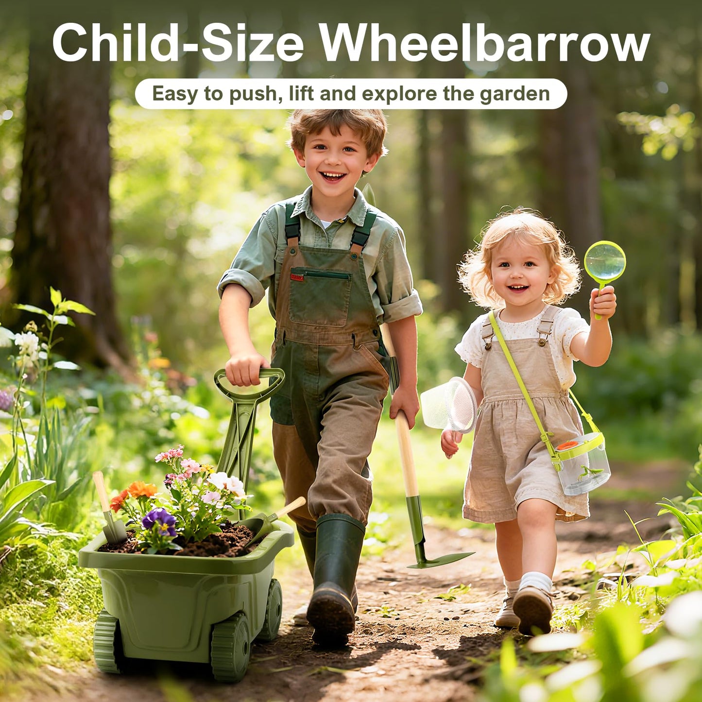 Dreamon Kids Gardening Tools & Bug Catcher Kit, 2-in-1 Outdoor Toys with Wheelbarrow and Bug House, STEM Educational Toys for 3 Year Old, Birthday Gifts Outdoor Gifts for Kids 3-5