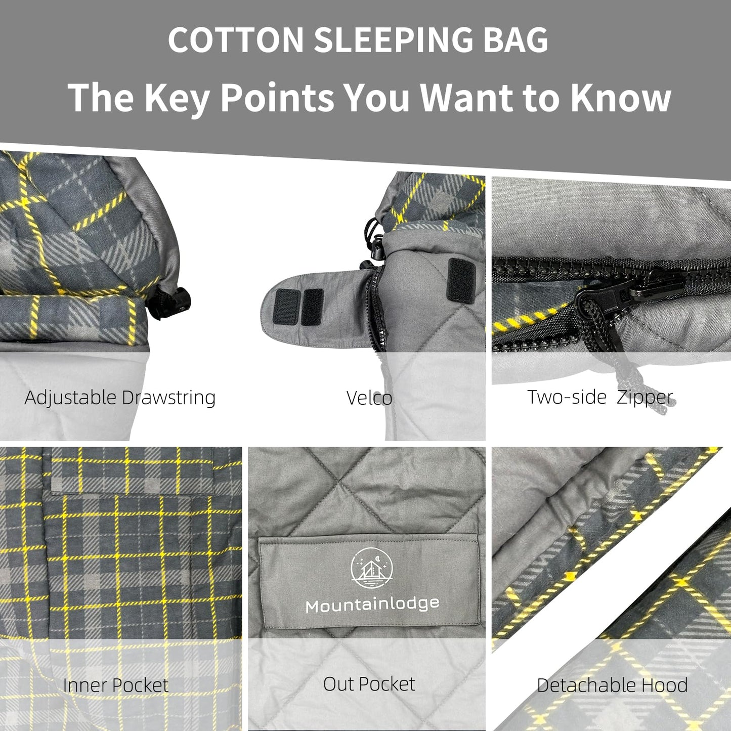 Mountainlodge 100% Cotton Shell and Lining Sleeping Bag for Adult Cold Weather with Compression Bag&Carry Bag for Camping,Travel and Car Camping (Little Grid Grey with Right Hand)