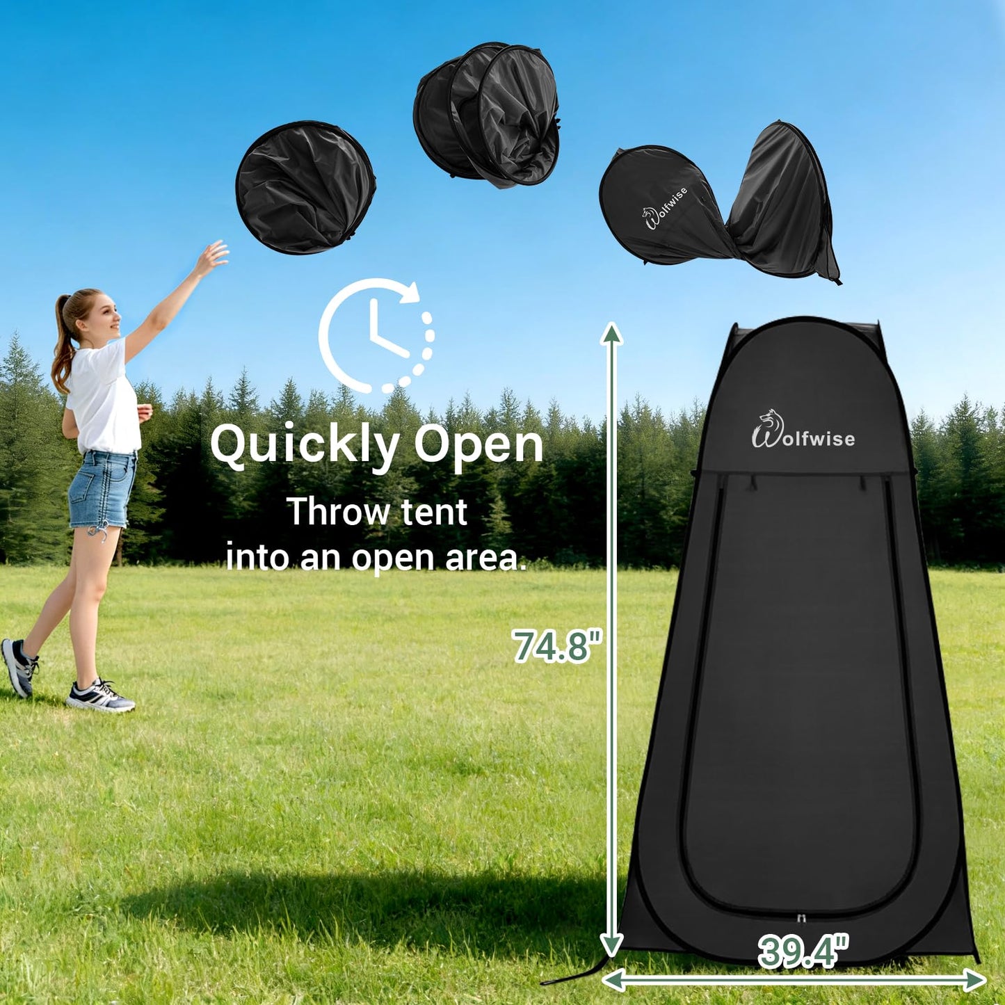 Wolfwise Pop Up Shower Tent for Camping, Portable Instant Changing Tent with Ventilation Window & Carry Bag, Privacy Bathroom Toilet for Beach & Outdoor, Standard, Width 40 ", Height 75 ", Black