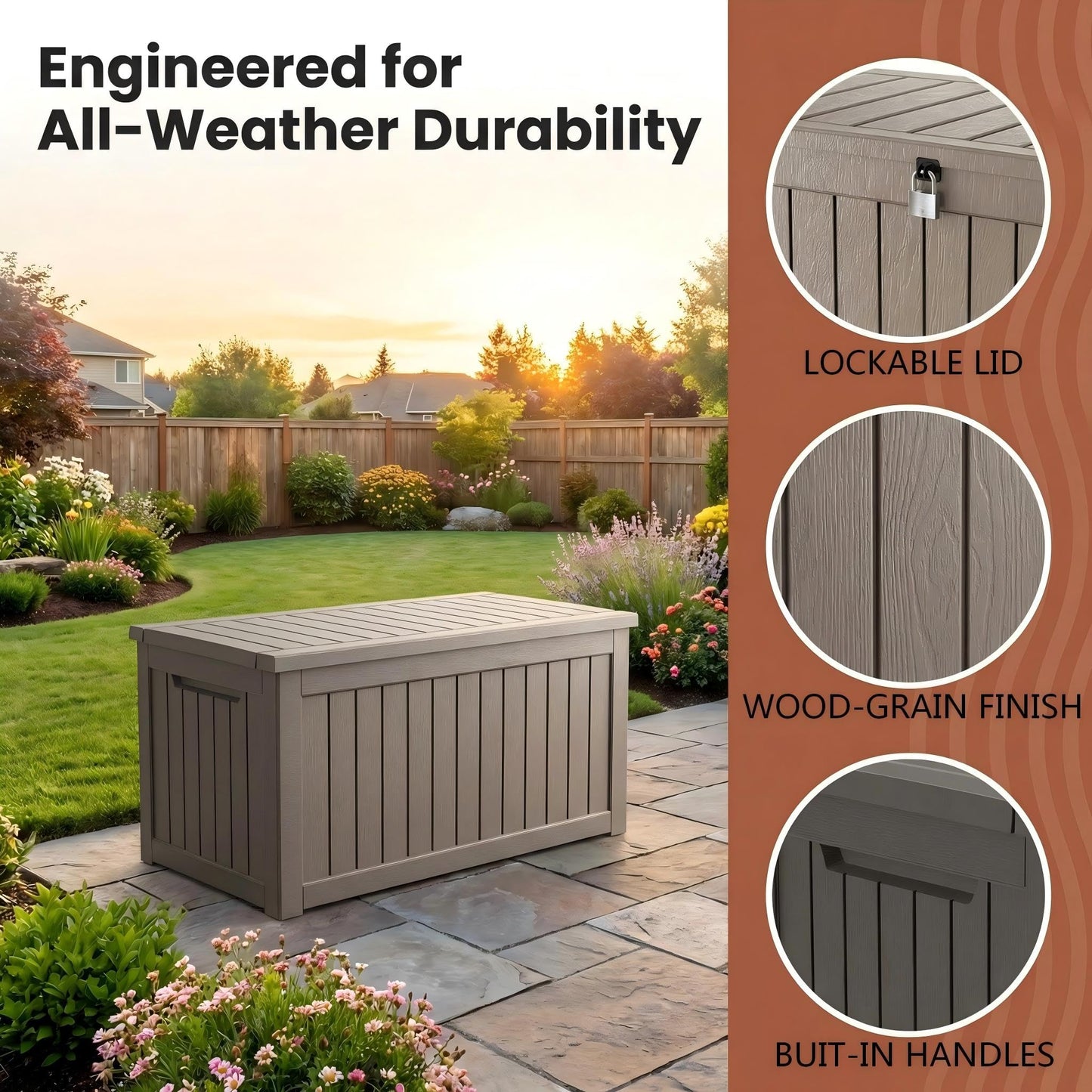 Large 231 Gallon Resin Deck Box, Heavy Duty Lockable Patio Storage Box Outdoor, Waterproof Tool Box for Garden Furniture Cushions & Pool Supplies, Wood Grain Outdoor Storage Bench for Backyard