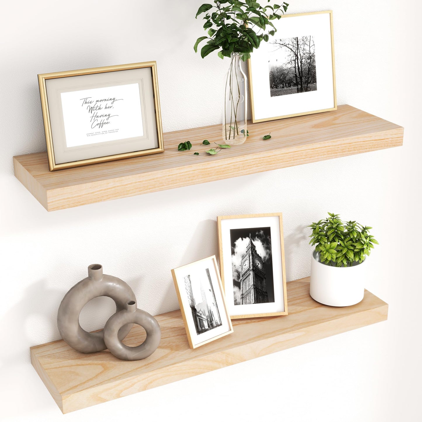 fuqing 30 Inch Floating Shelves | Natural Wood Wall Shelves Set of 2 | 30" W x 6.7" D Natural Wooden Floating Shelves for Living Room Bedroom Home Office