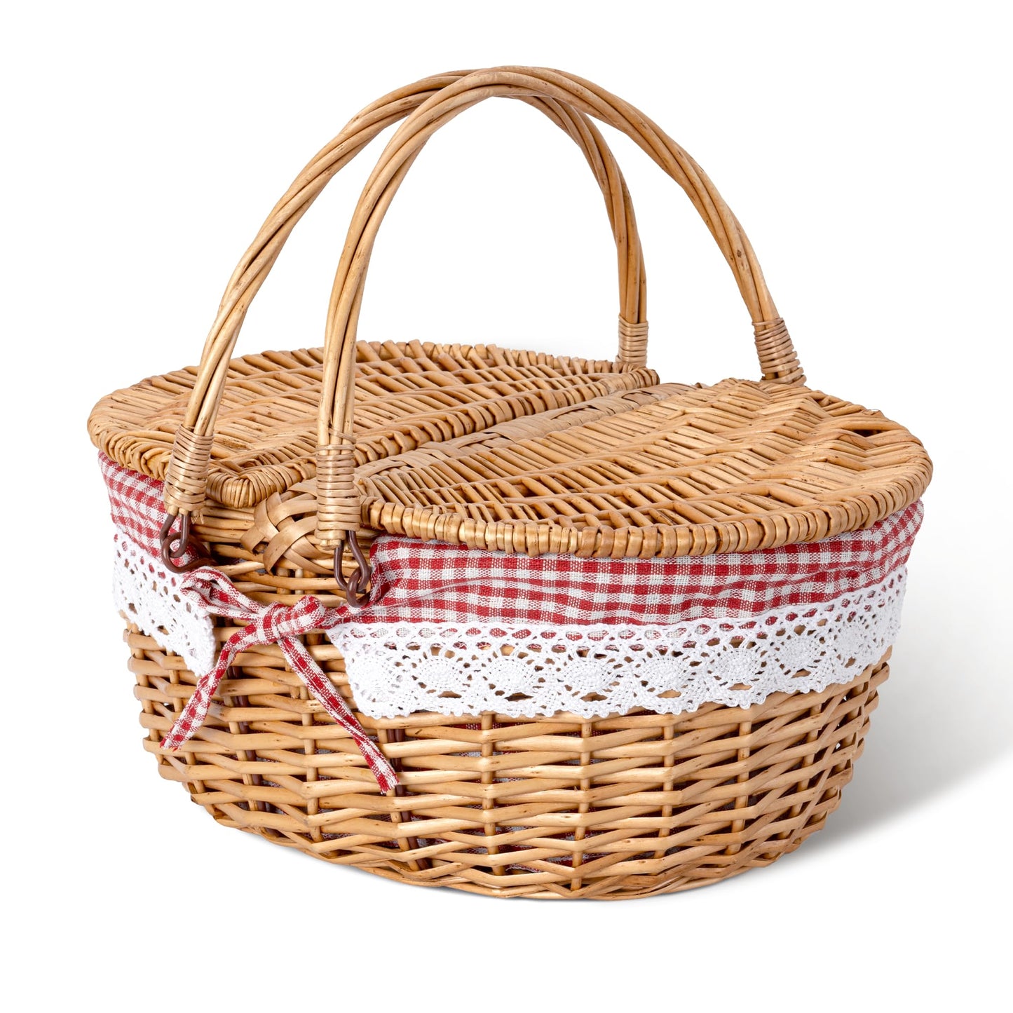 GRANNY SAYS Picnic Basket, Wicker Basket with Lid, Woven Cute Basket with Handle, Storage Basket with Washable Lining & Dual-Flid Lid, Natural Willow Picnic Hamper, Red Lining
