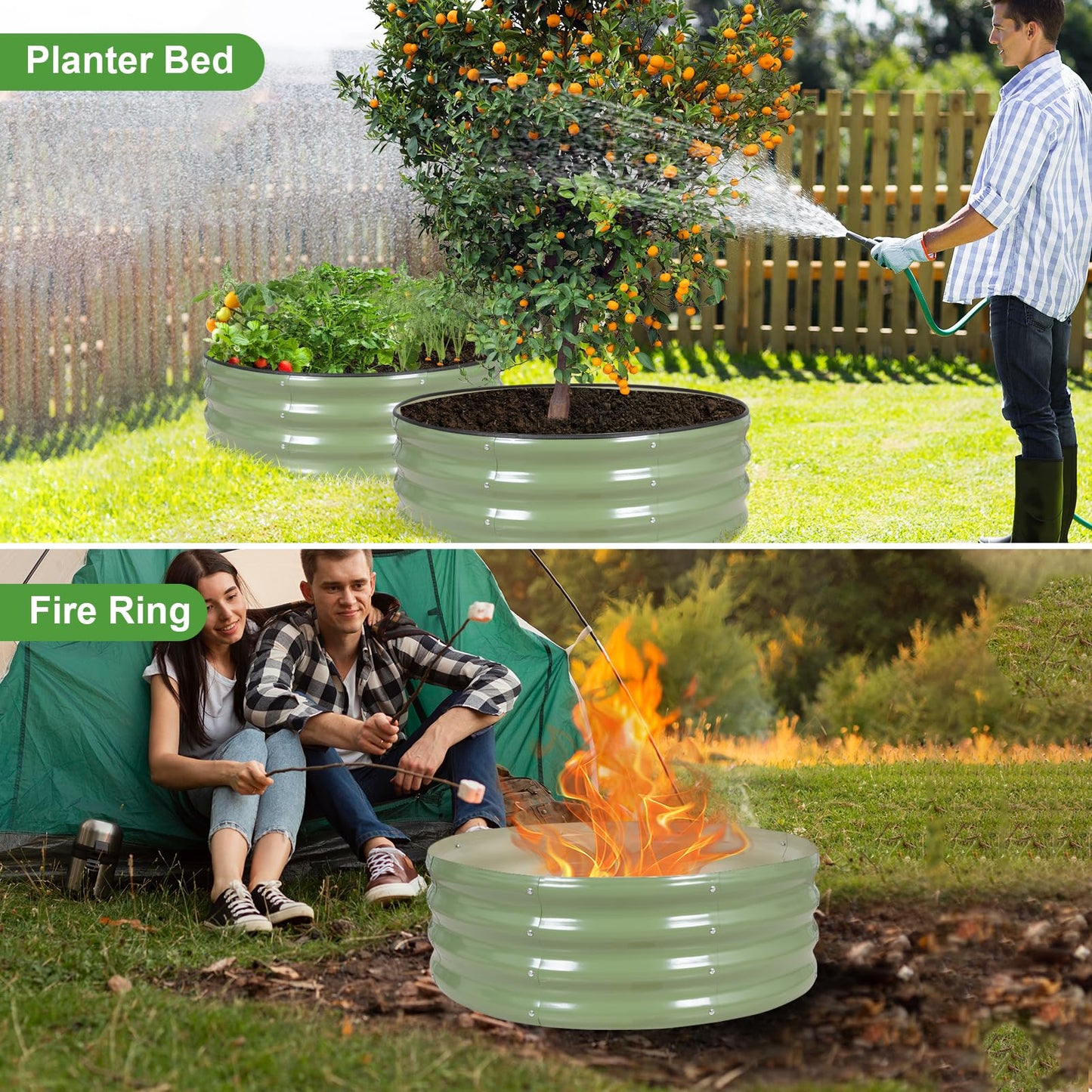Permade Galvanized Raised Garden Bed- 2Pcs 3x3x1FT Metal Planter Boxes Outdoor | Round Steel Raised Bed Kit & Fire Pit Ring for Gardening with Protective Tape, Gloves for Vegetables, Flower (Green)