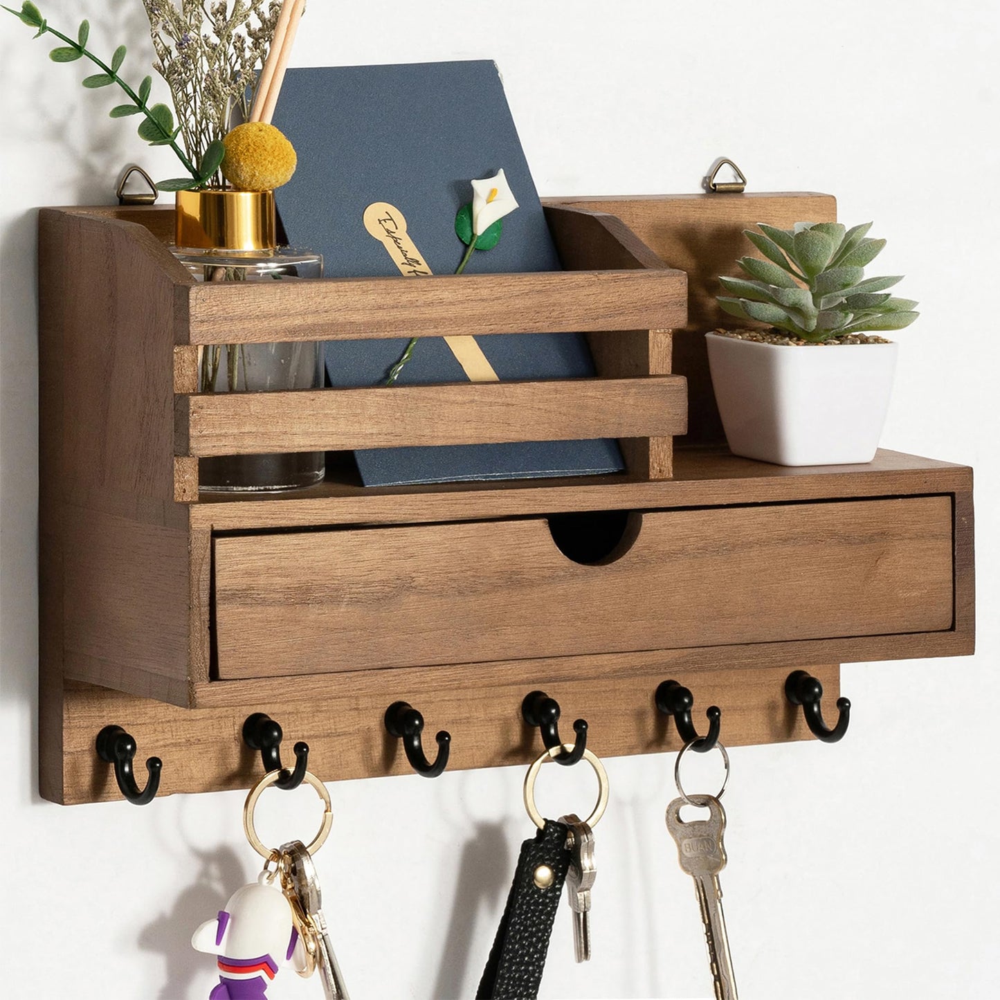 dreampossible Key and Mail Holder for Wall, Mail Organizer Wall Mount with 6 Hooks and Storage Drawer, Wooden Key Rack Hanger with Shelf for Entryway and Home Decor