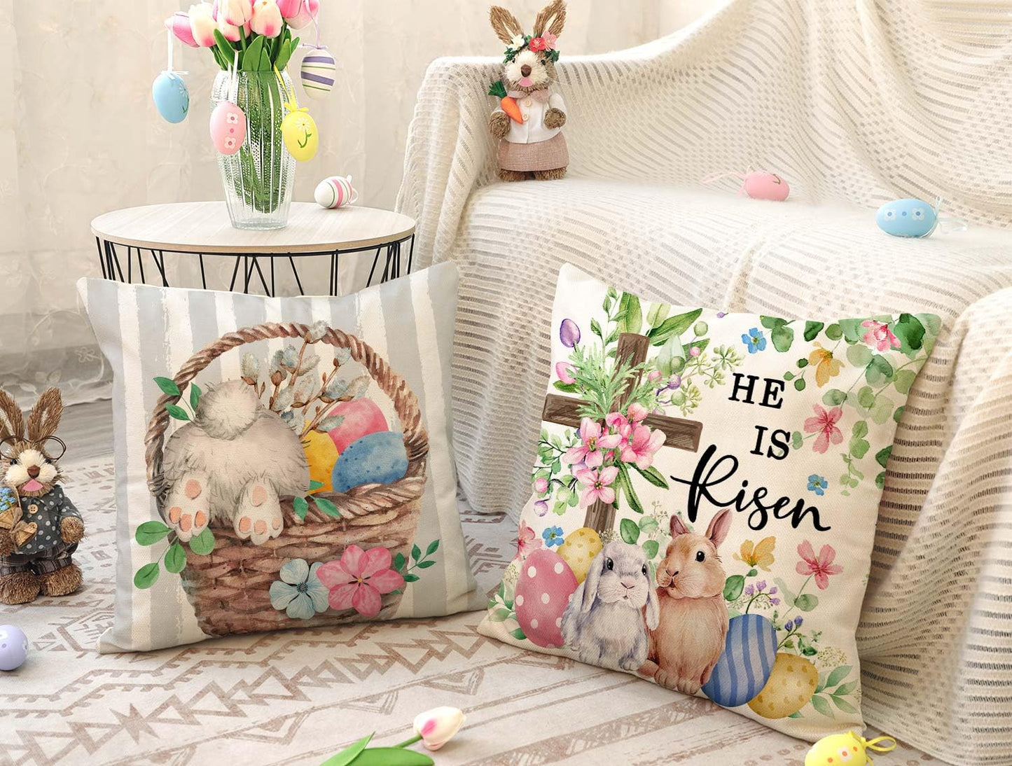 4TH Emotion Gray Easter Pillow Covers 18x18 Set of 4, He is Risen Bunny Floral Eggs Farmhouse Decorations Spring Holiday Decor Throw Cushion Case for Home Couch TH211
