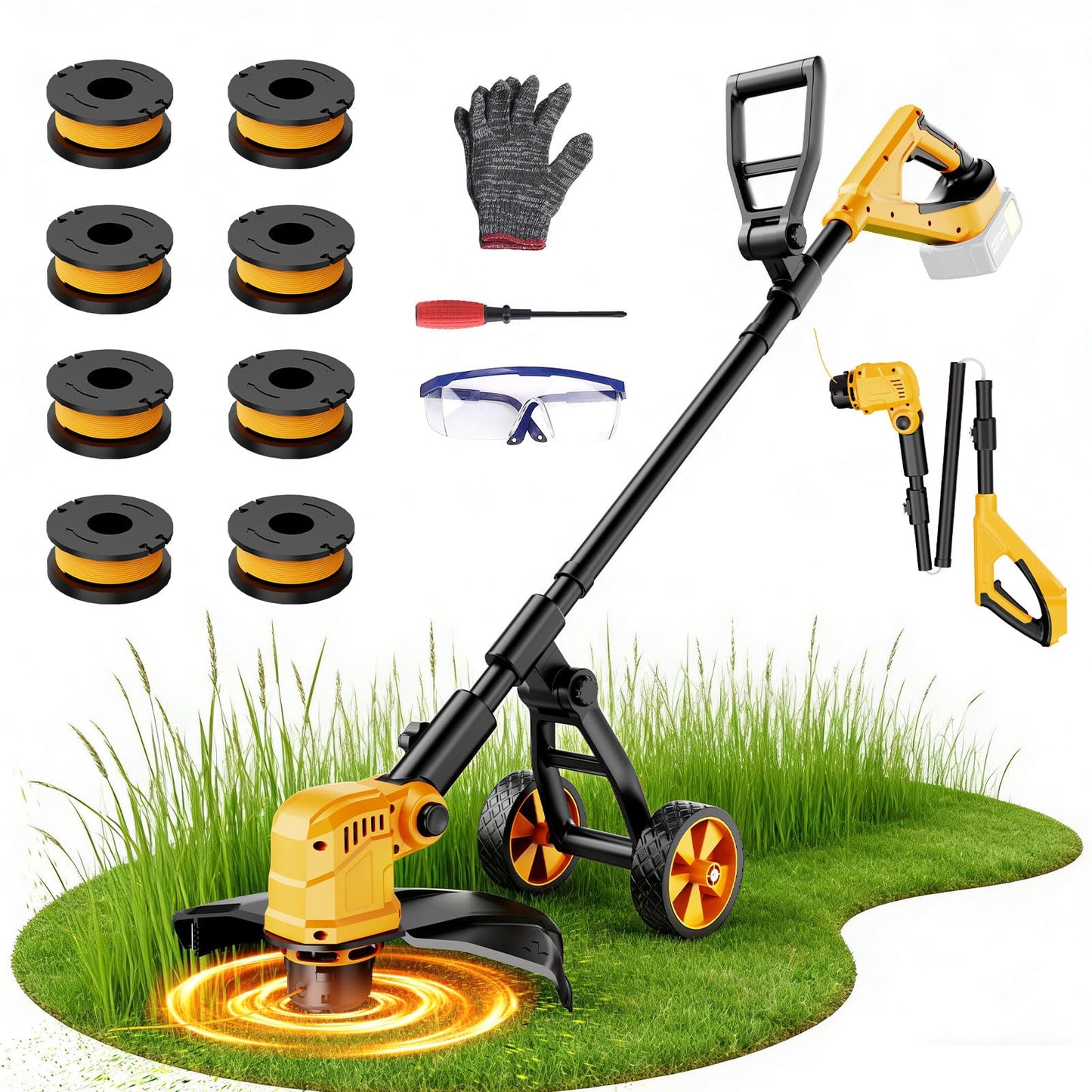 Cordless String Trimmer for Dewalt 20v Battery(Battery Not Included), 3-in-1 Weed Wacker Edger Grass Trimmer with Wheel, Lightweight Weed Eater Battery Powered w/8 Line Spools