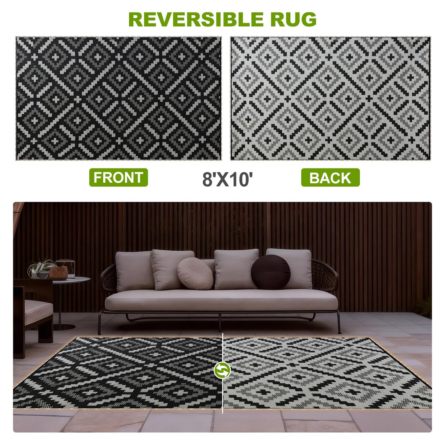 YONILE 8x10 ft Outdoor Rug Waterproof for Patio with LED Light,Large Outdoor Plastic Straw Rug,Reversible Plastic Area Rugs Mat Outside Carpet for RV, Deck, Porch, Picnic, Beach, Balcony