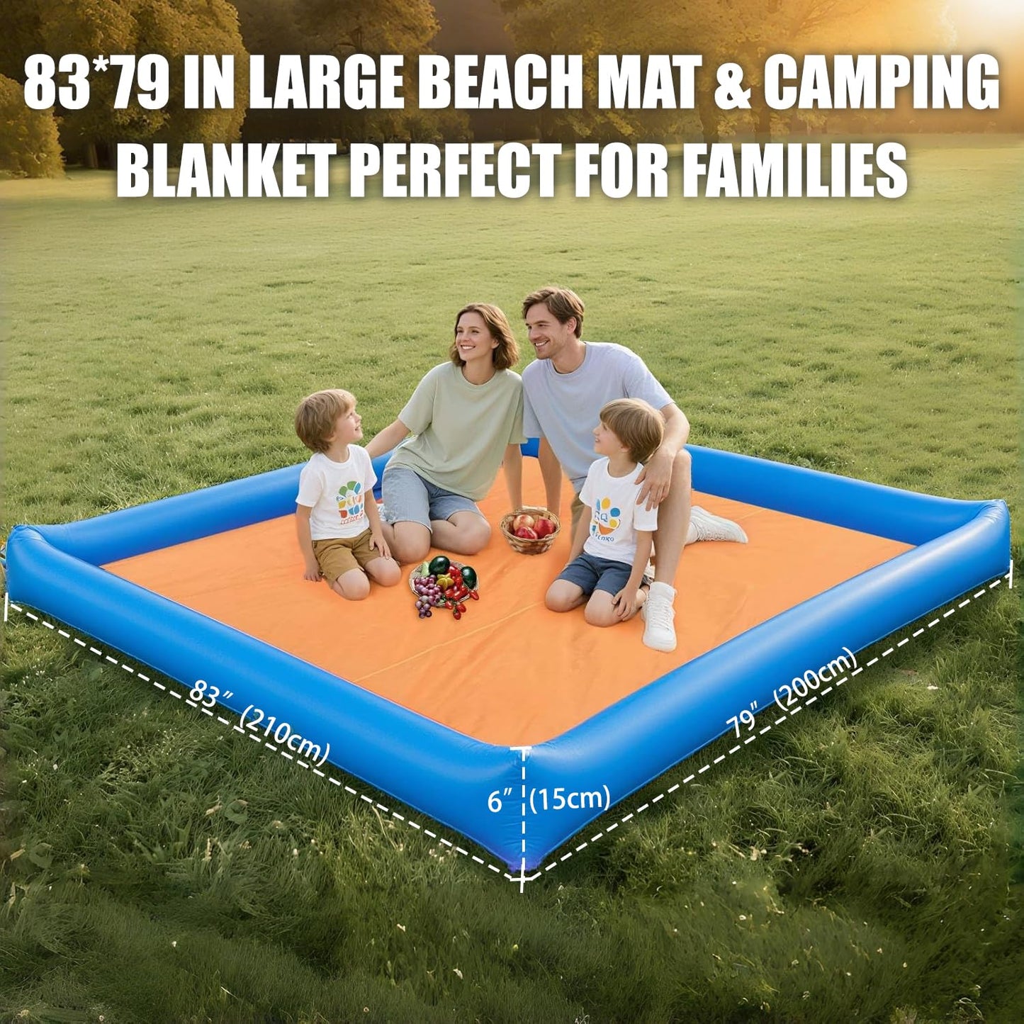 ROMIVO Beach Blanket, Large Beach Blanket Sandproof, 79"x83" Beach Mat for Family, Beach Mats with Pillow, Camping Sleeping Mat Portable Outdoor with Side Walls, Beach Essentials (Blue-Orange)