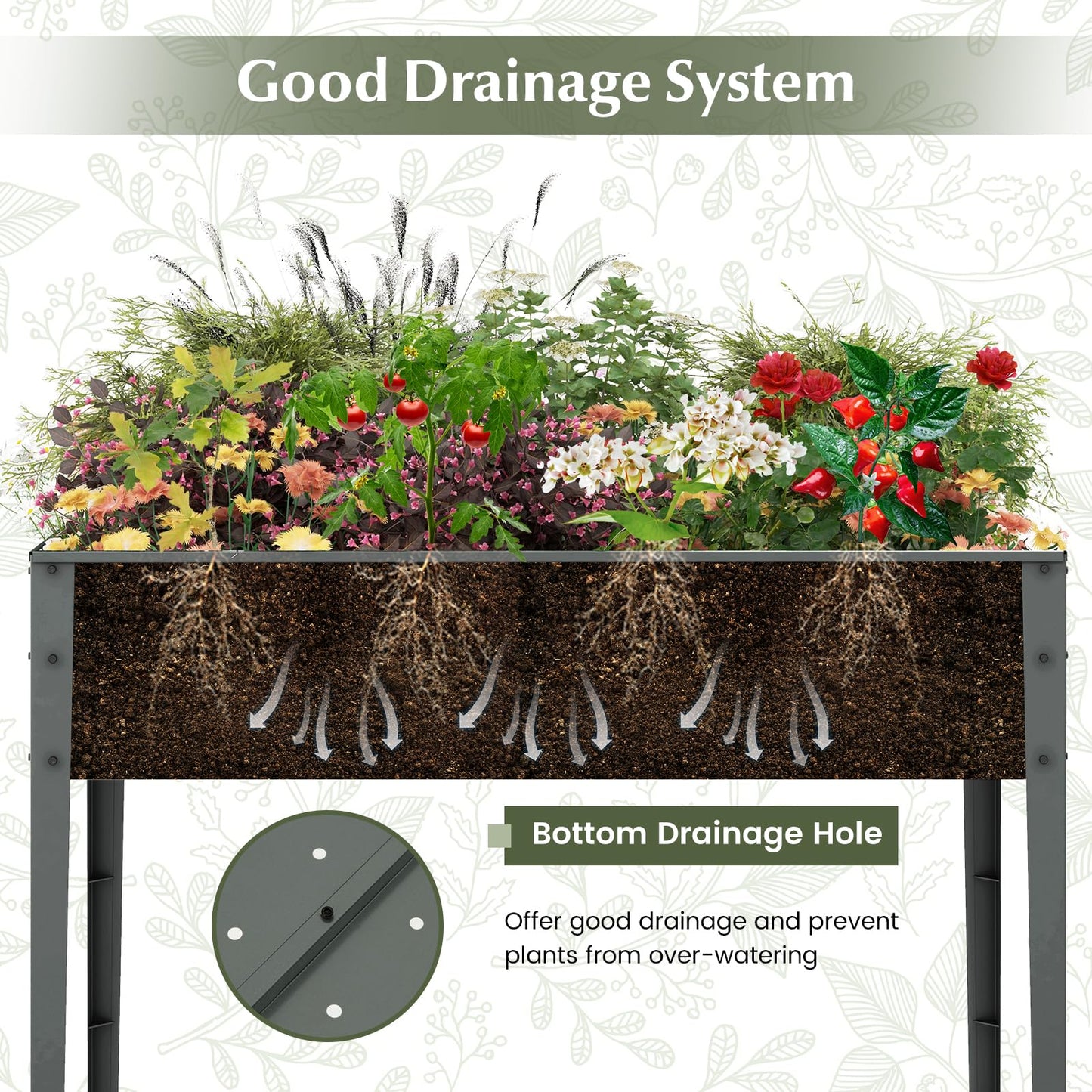 HAPPYGRILL Raised Garden Bed, Galvanized Garden Box with Legs, Drainage Holes, 2 Gloves, Outdoor Planter Box for Garden, Backyard & Patio, 46”x 24” x 32”, Grey