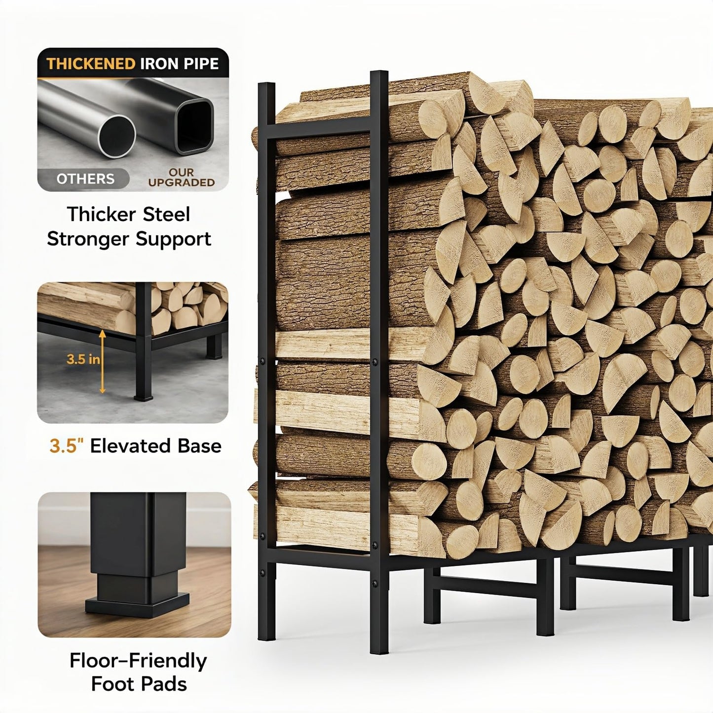 CADUKE Firewood Rack Outdoor, Adjustable 4FT to 2.64FT Heavy Duty Wood Racks for Firewood, Metal Log Rack Wood Storage for Indoor Fireplace Patio, Black