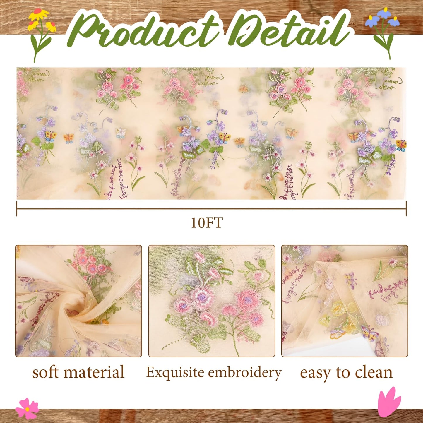 Windkream Champagne Floral Table Runner 10ft Embroidery Tulle Spring Wildflower Table Runner Seasonal Summer Butterfly Kitchen Dining Gauze Decoration for Wedding Baby Shower Birthday Party (1 Pcs)