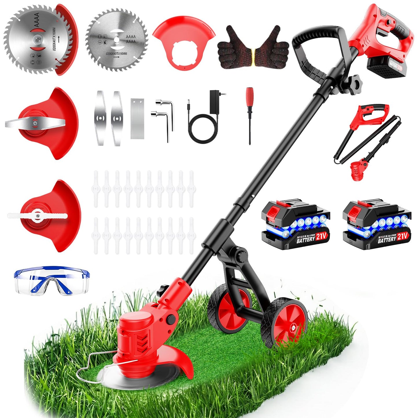 Electric Weed Wacker Cordless, 4000mAh Weed Eater Battery Powered with Wheel, 4 in 1 Grass Trimmer/Heavy Duty Brush Cutter/Lawn Edger/Weed Trimmer, No String Trimmer with Blade, 2 Battery Garden Tool