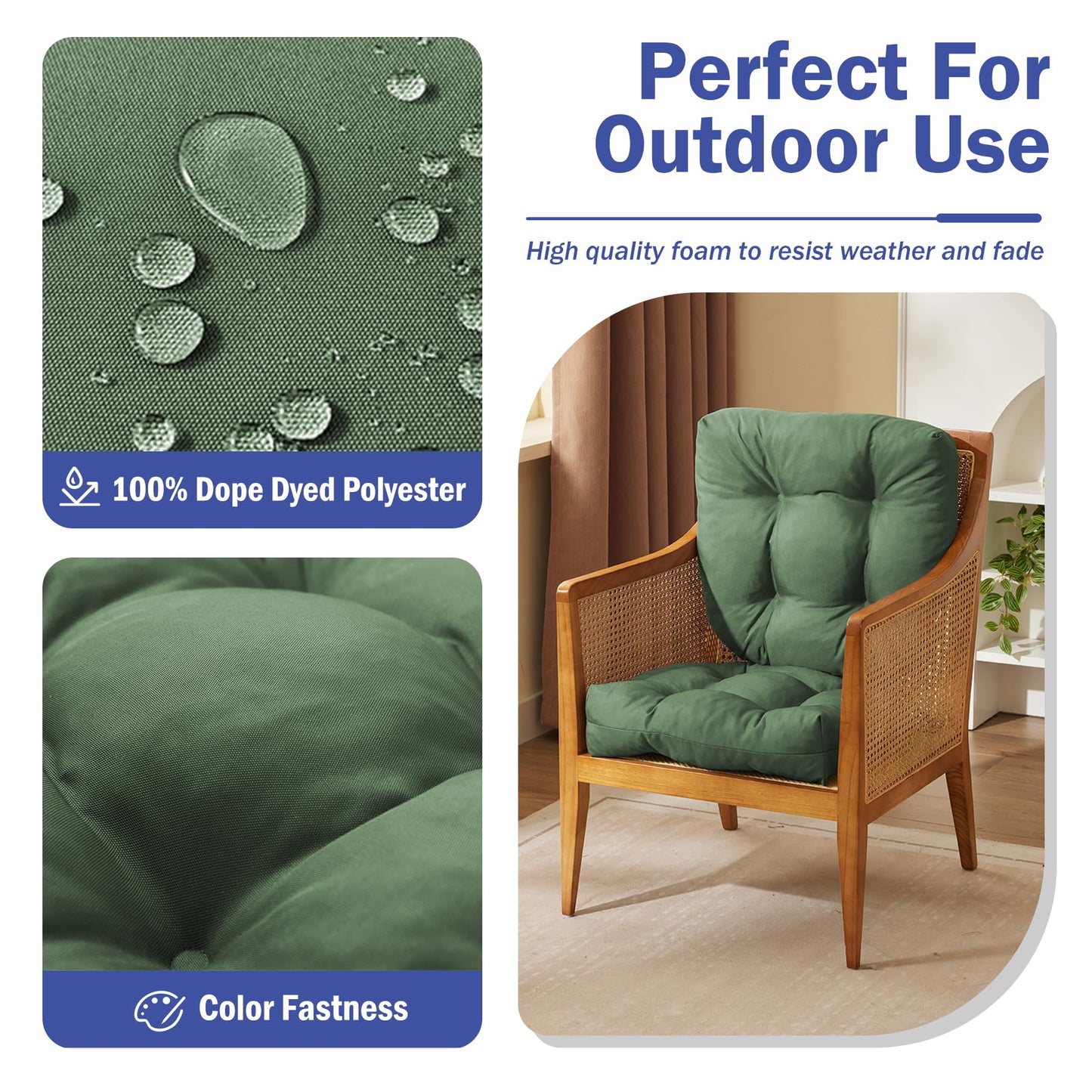 IPYNBAP Outdoor Chair Cushions Set of 2, Patio Chair Cushions with Ties, 19x19+5” Tufted Outdoor Seat Cushions, Waterproof Patio Furniture Cushions, Outdoor Dining Chair Pads, Forest Green