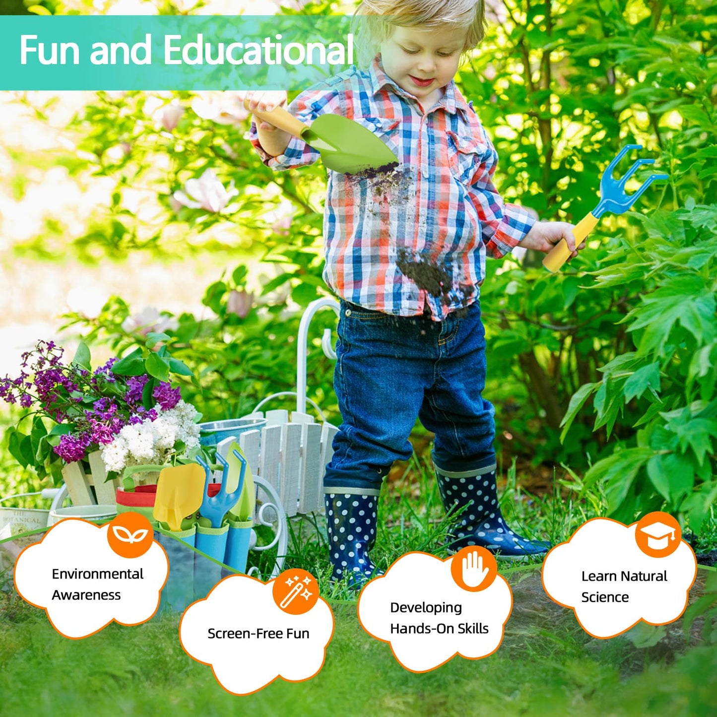 FITNATE Green Kids Garden Tools Set,6 PCS Garden Tools Including Watering Can, Shovel, Rake, Fork, Children Gardening Gloves and Garden Tote Bag, All in One Set