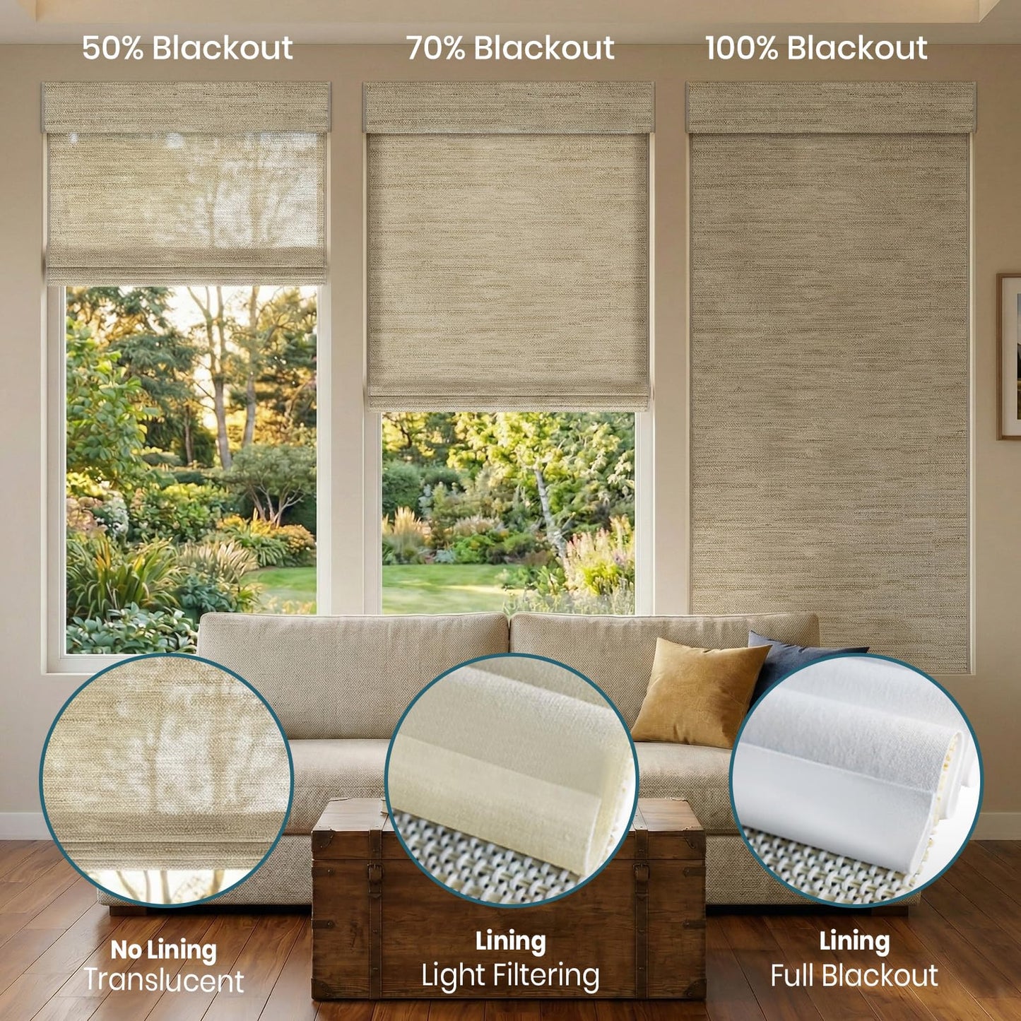 WEFFORT Motorized Roman Shades, Woven Woods Shades, Work with HomeKit/Alexa/Google Home, Cordless, Custom Size, Crocheting Kenaf