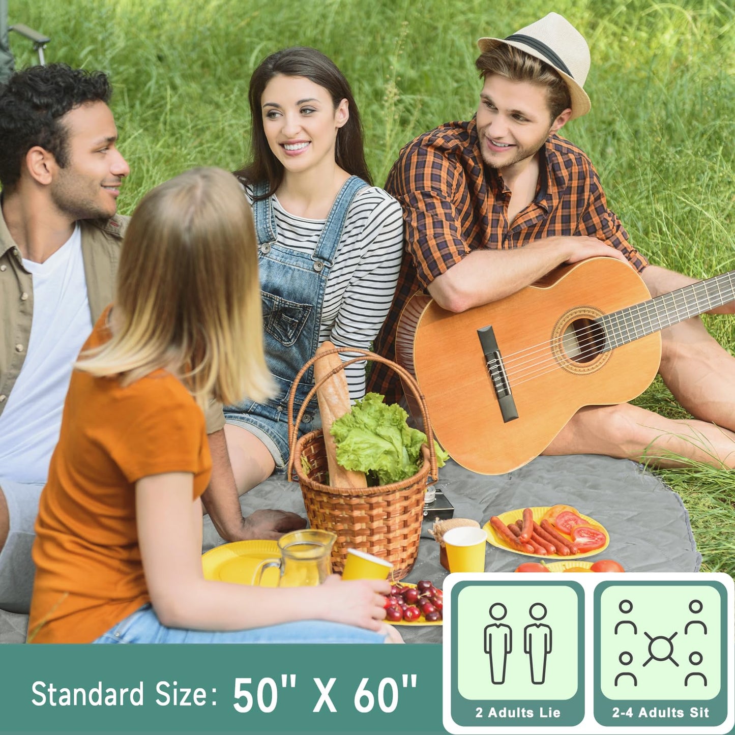 Solaris Waterproof Picnic Blanket, Lightweight 50” x 60” Foldable Sandproof Beach Blanket with Large Pocket, Portable Outdoor Camping Blanket Great Couples Gift Ideas, Gray Wavy