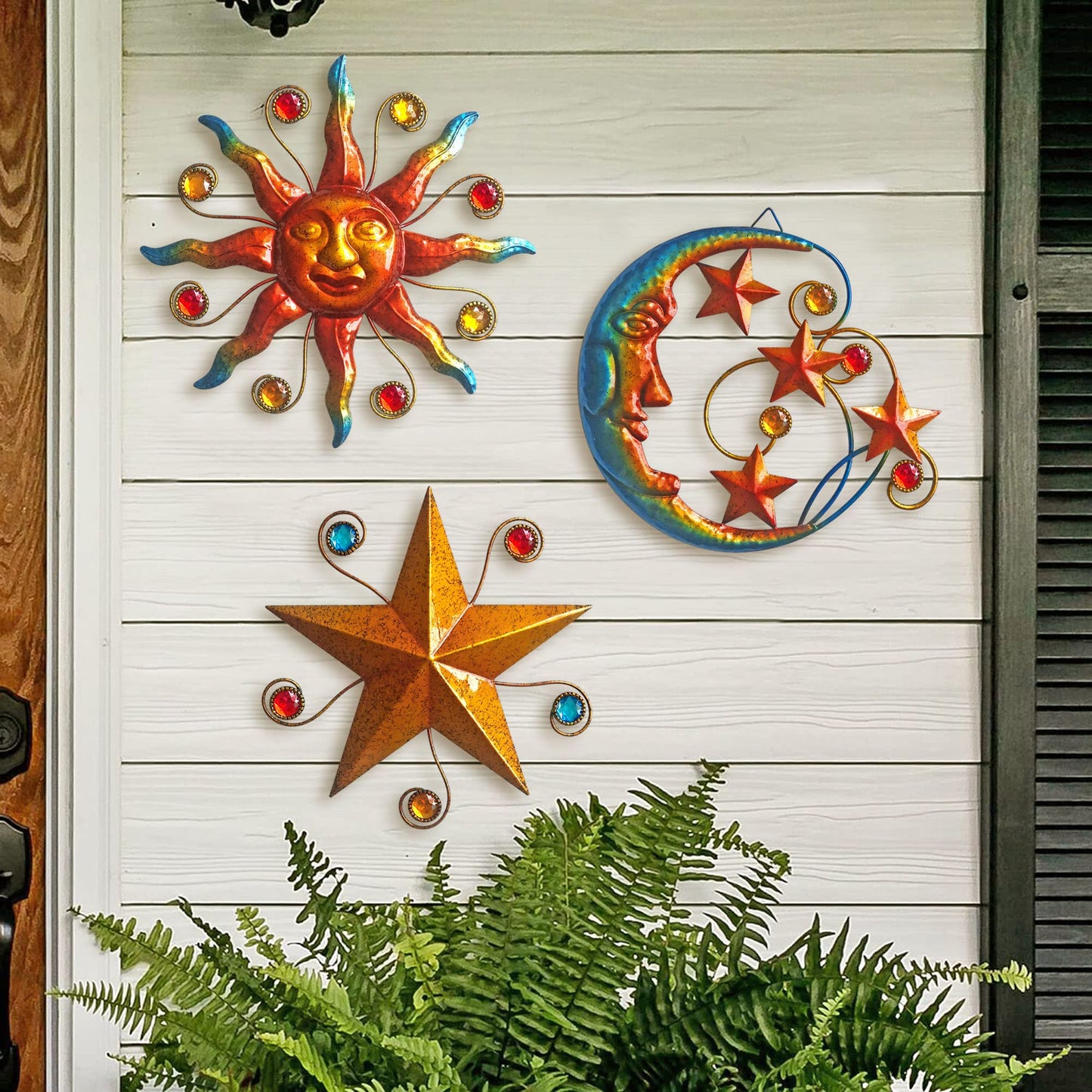 VividLadybug Celestial Wall Decoration Sculpture, Metal Wall Sculpture, Silhouette Wall Decoration, Metal Sun Moon Star Wall Art Sculpture Decoration, Set of 3
