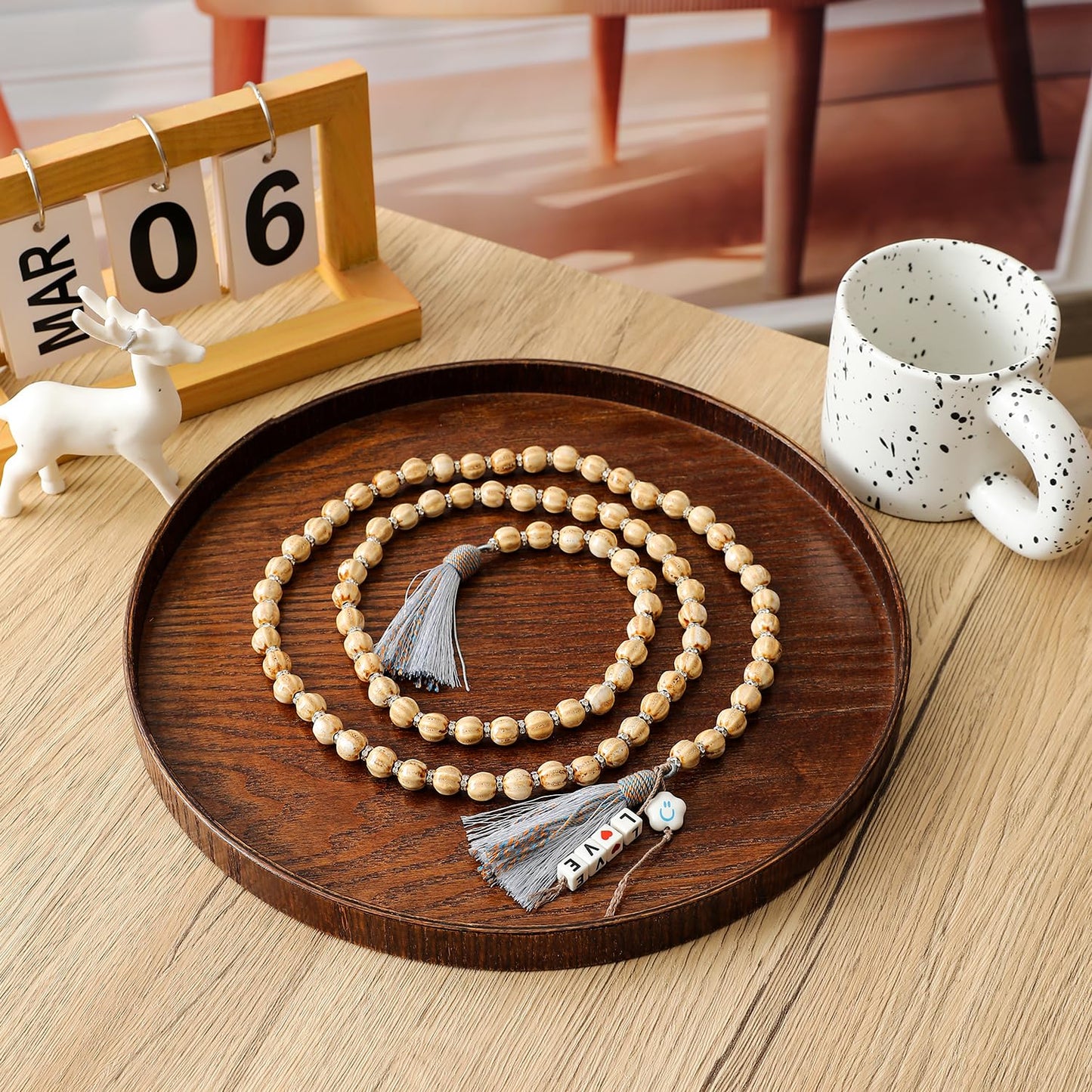 50in Handcrafted Ceramics Beads Garland with Tassels Farmhouse Rustic Ceramic Prayer Bead String Wall Hanging Accent for Boho Home Festival Decor Beige Bead