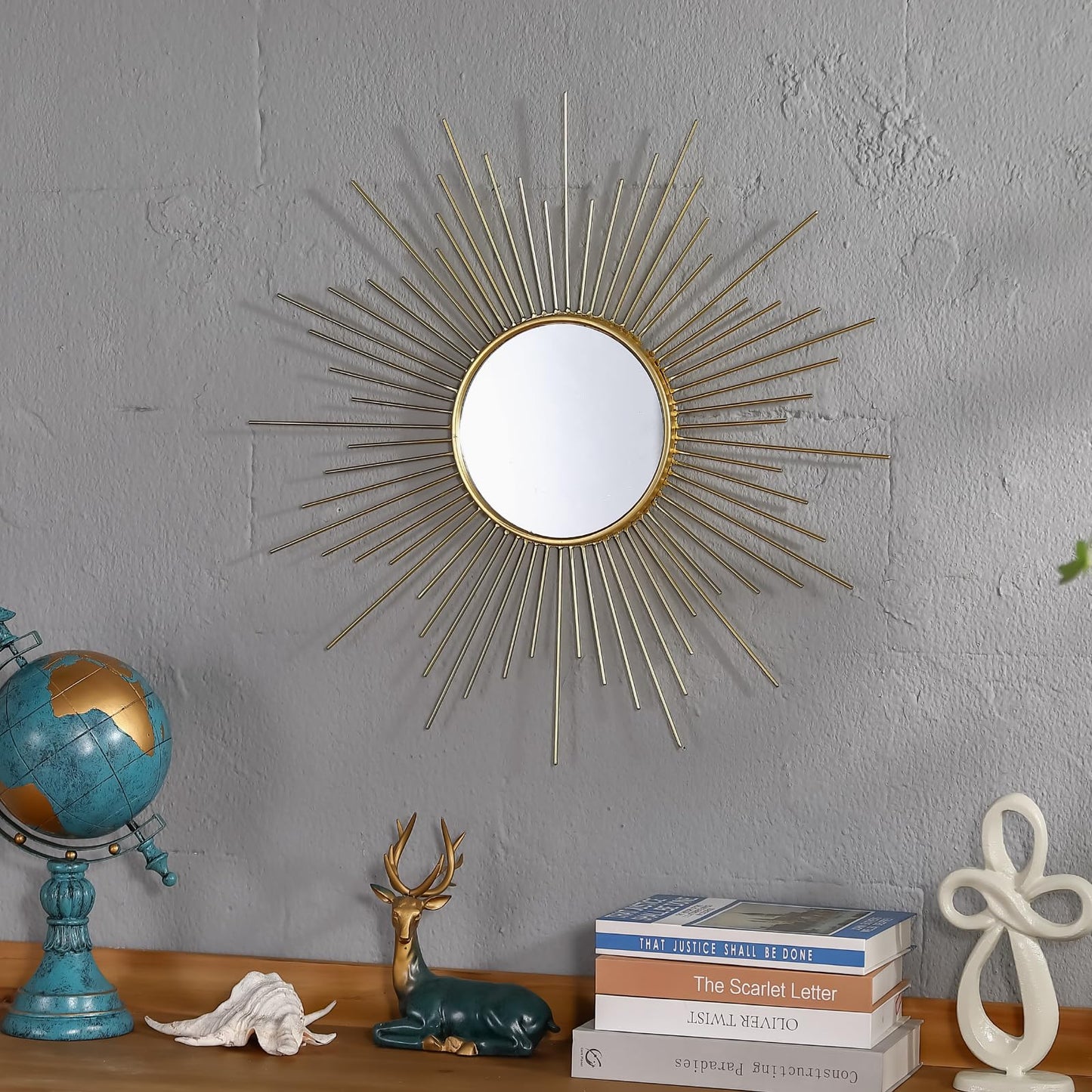 24'' Large Gold Sunburst Mirror, Metal Starburst Mirrors, Mid-Century Modern Sun Mirror Wall Decor for Living Room, Bedroom, Bathroom, Hallway, and Entryway