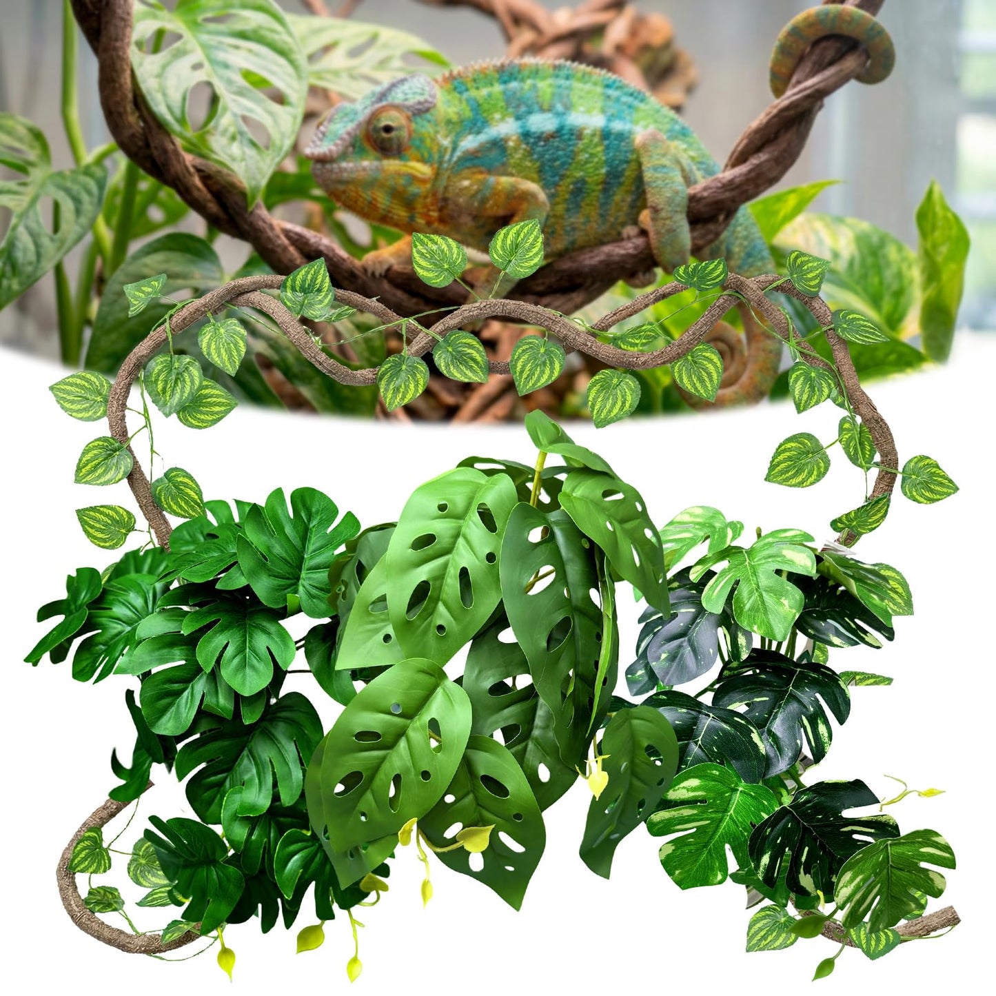 5 Pcs Reptile Plants & Habitat Decor Kit - 3 Artificial Plants & Large 5ft Jungle Vine Branch, Amphibian Habitat Hideout Tank Decorations fit Crested Gecko Leopard Lizard Chameleon Ball Python Frog