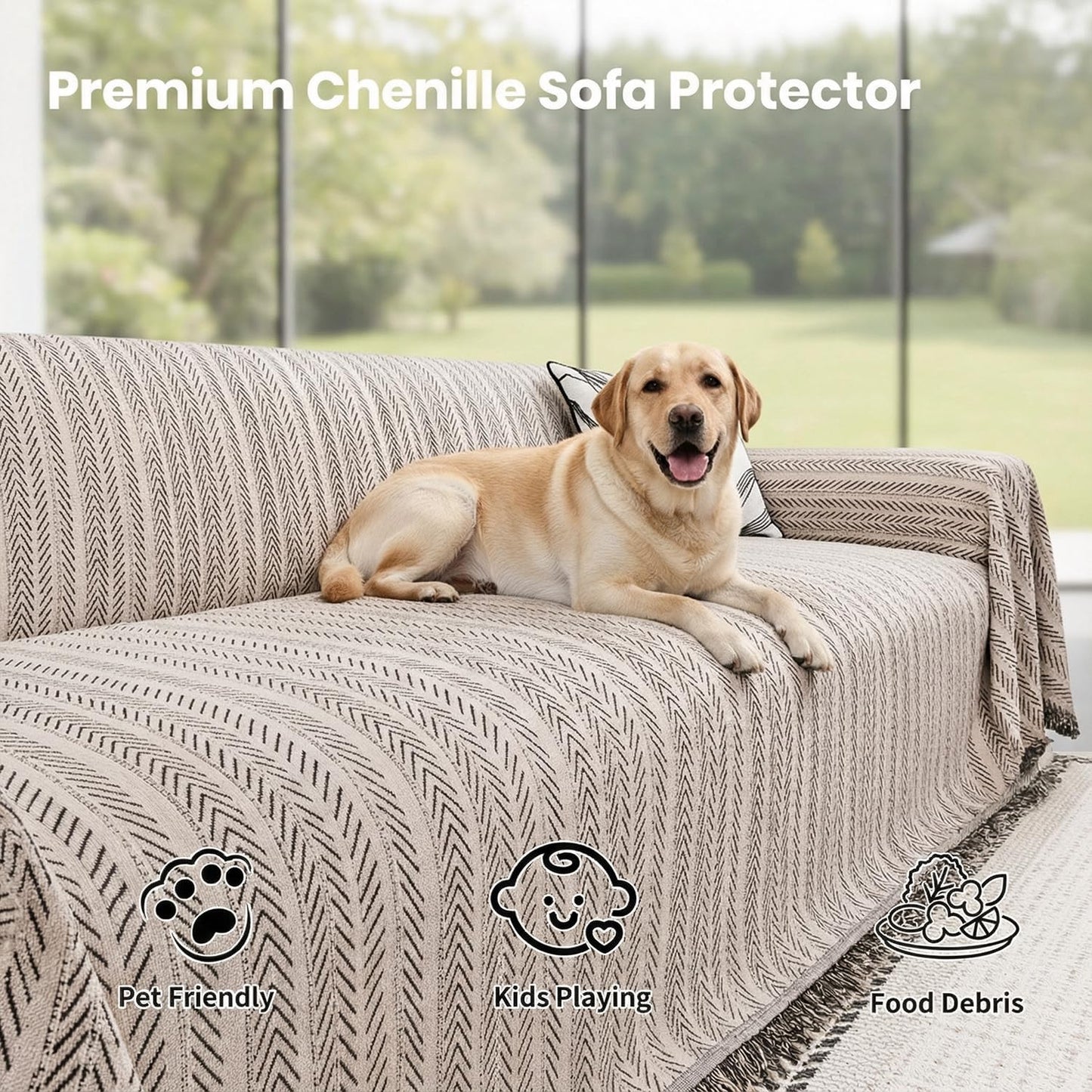 Nobildonna Chenille Couch Cover for Sofa Cover Washable Pet Scratch Couch Covers Tassel Sofa Slipcover for 2 Cushion Couch,Furniture Protector Blanket for Living Room,Camel Brown 71"x118"