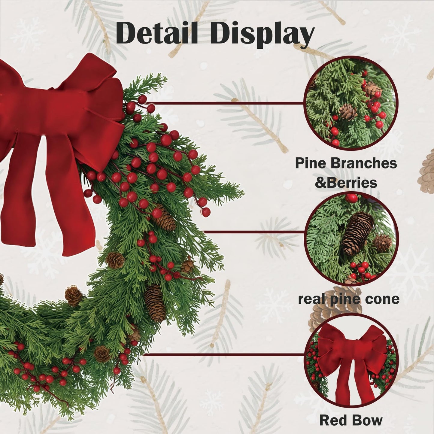 Christmas Wreath for Front Door, Red Bow & Real Pine Cones with Pine Branches & Berries, Artificial Holiday Wreath for Indoor & Outdoor Wall Decor (20 inches)