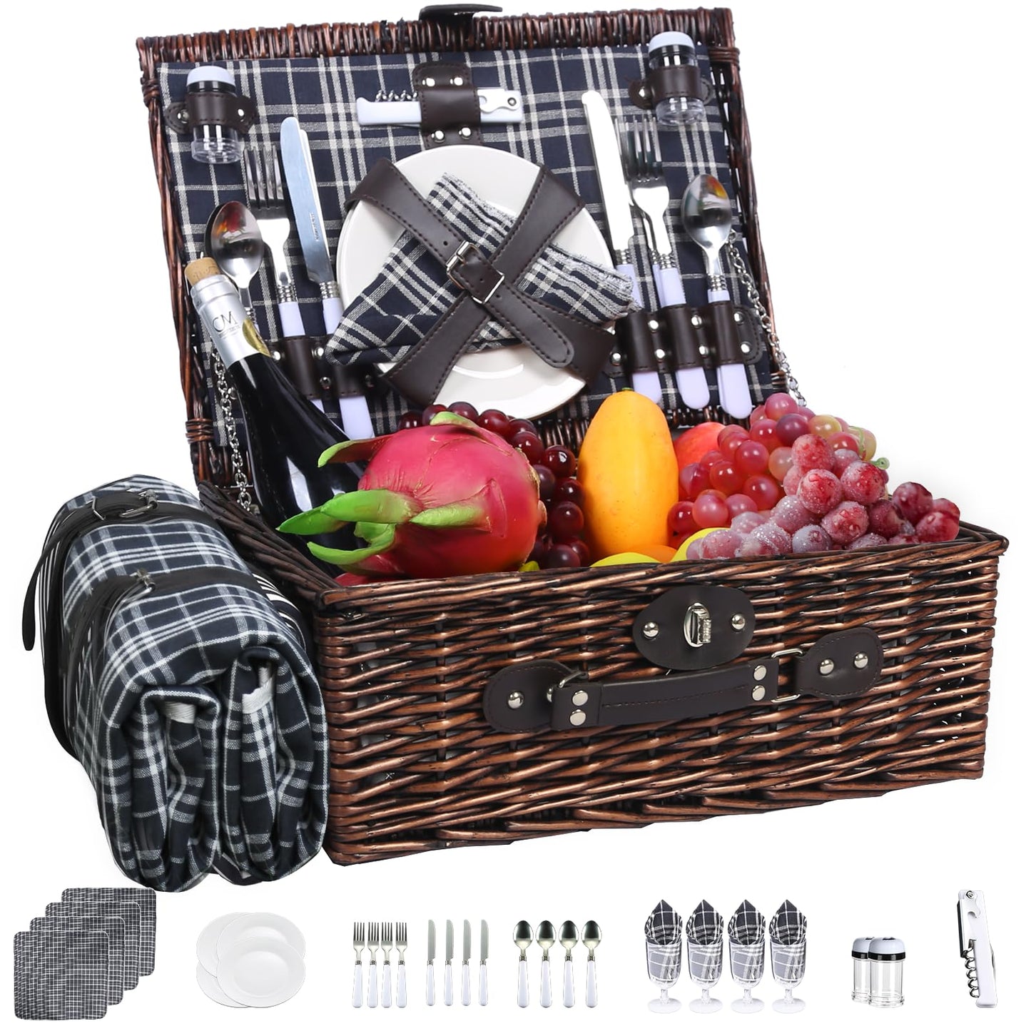 Neti Neti Wicker Picnic Basket for 4 with Insulated Cooler & Waterproof Blanket – Large Willow Picnic Hamper for Outdoor, Camping, Beach, Romantic Dates, Valentine’s Day