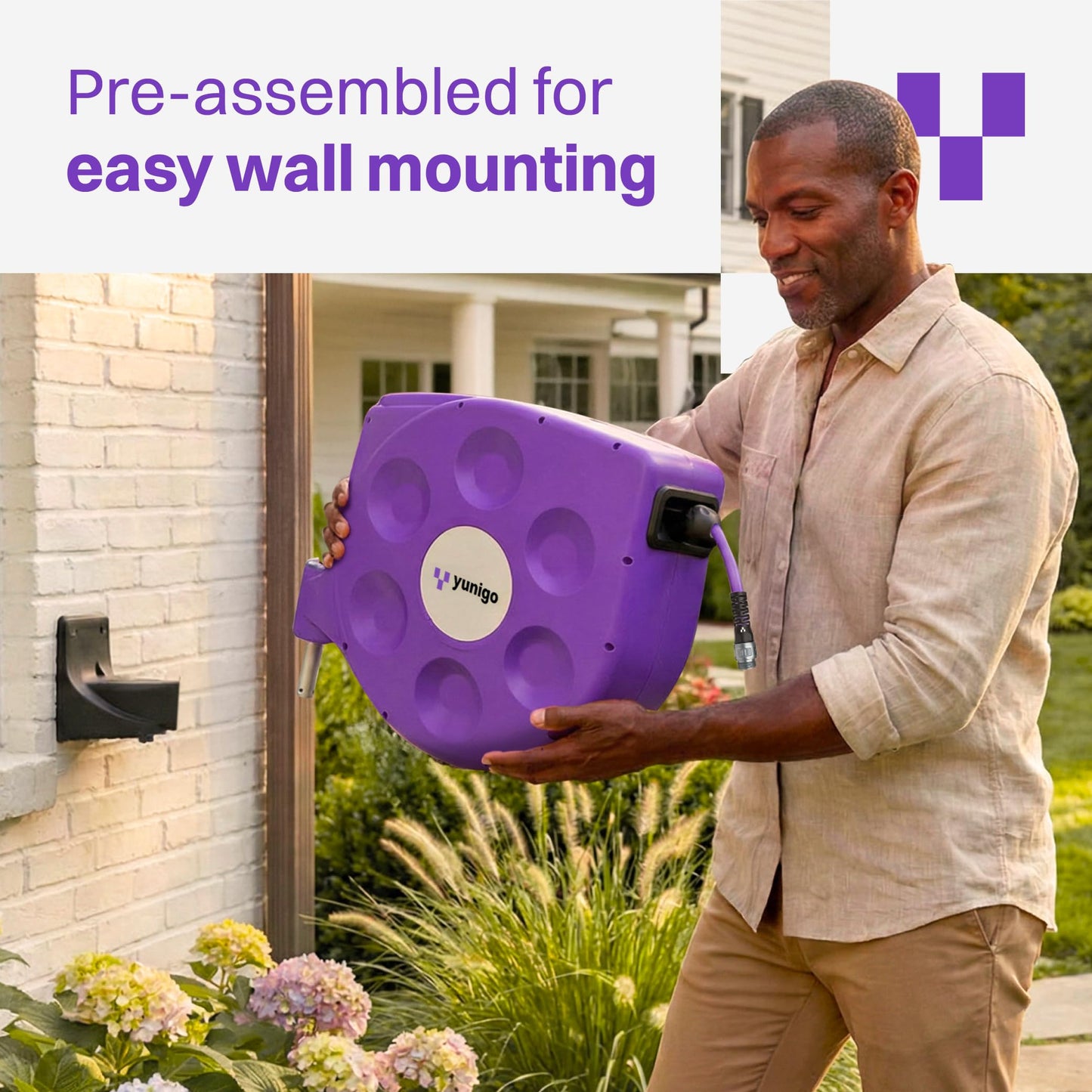 YUNIGO UNITY 100ft, Wall-Mounted Retractable Hose Reel, Slow Rewind, Complete System with Spray Nozzle, 180° Pivoting Mount, Fully Preassembled Compact System for Home & Garden Watering