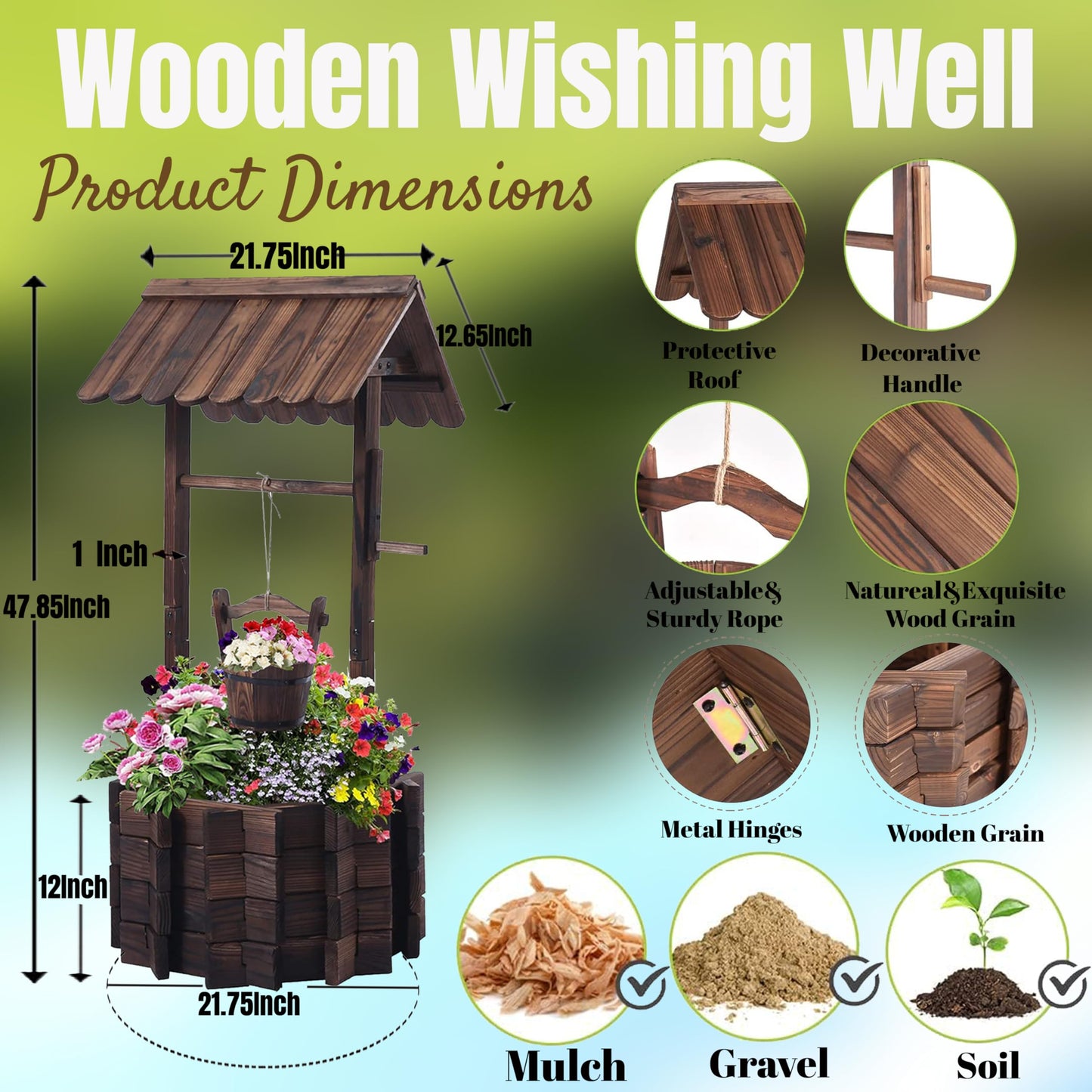NestNature 21.75" Carbonized Wooden Wishing Well Planter for Outside, Rustic Outdoor Wishing Well with 4 Reinforced Rods & Hanging Bucket, Decorative Well Cover for Yard Garden Patio Lawn Backyard