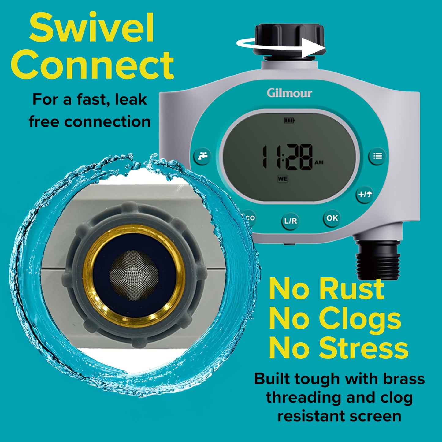 Gilmour Dual Outlet Water Timer for Garden Hose, Programmable Automatic Watering System, LCD Screen, Rain Delay, Battery Operated