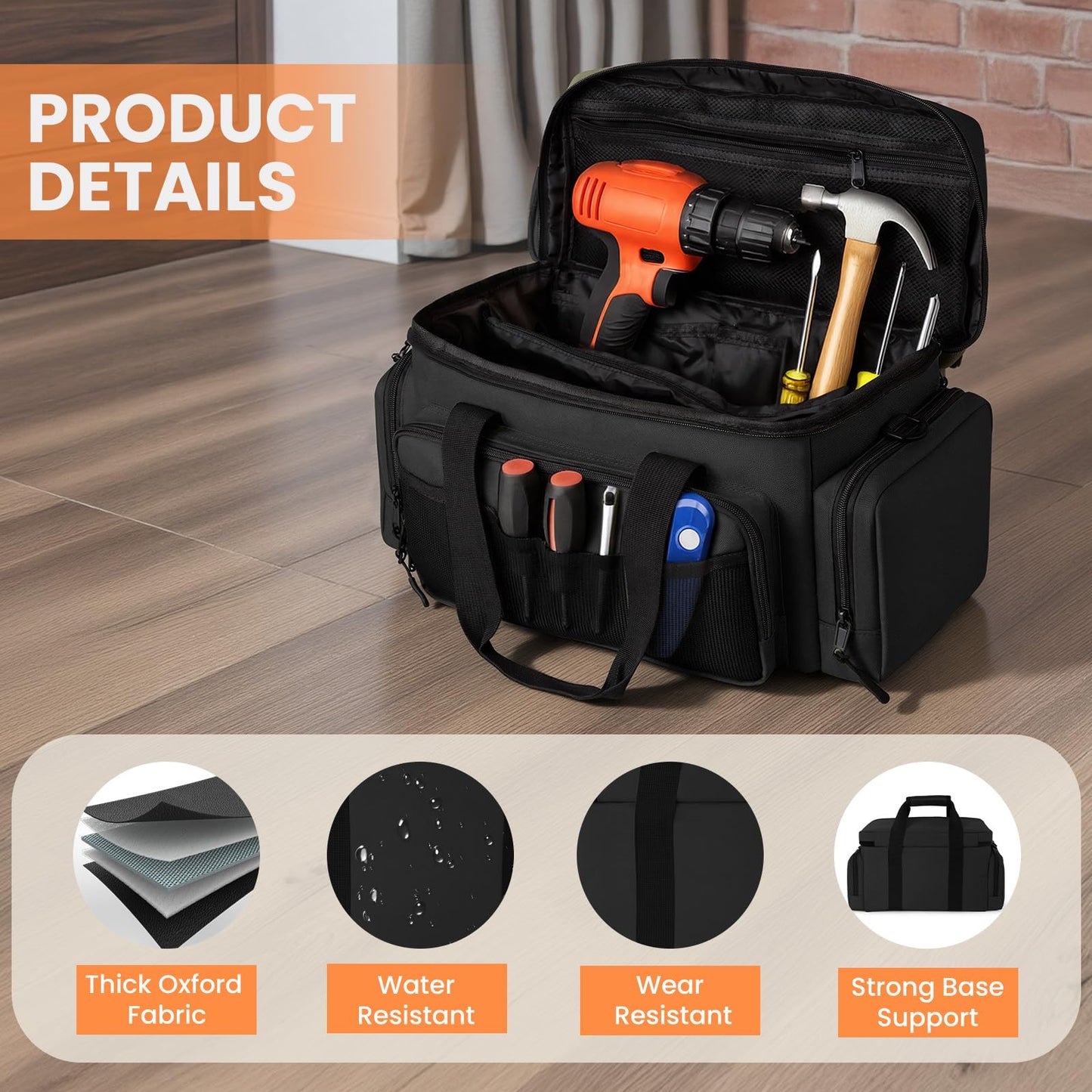 VJI Heavy Duty Tool Bag with Multi-Pockets, Portable Storage Bag with Large Zipper, Carrying Toolbag with Adjustable Shoulder Strap and Ergonomic Handle, Repairman, Carpenters, Handyman, Black