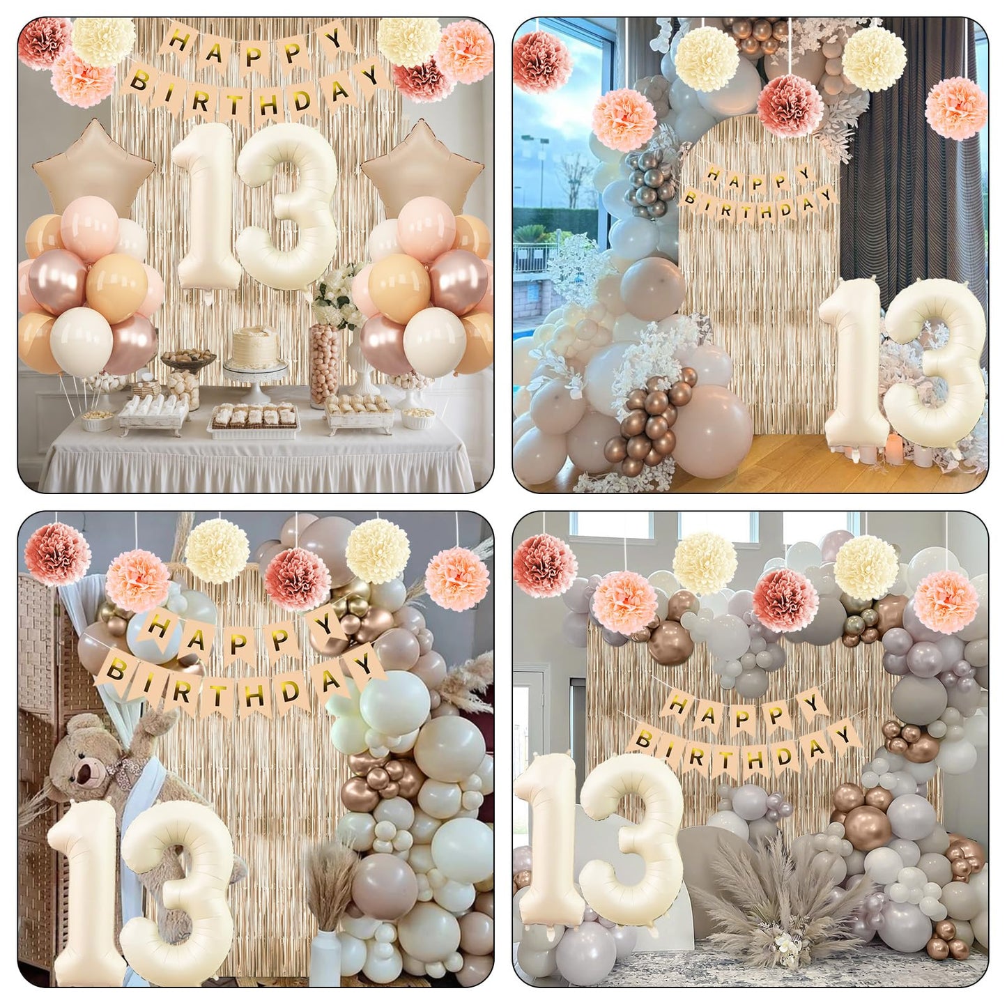 Beige 13th Birthday Decorations Girls Boys Cream Number 13 Balloon Nude Gold Happy Birthday Banner Fringe Curtain Paper Pom Poms Blush White Sand Champagne Star Foil Balloons Neutral Boho Party Decor