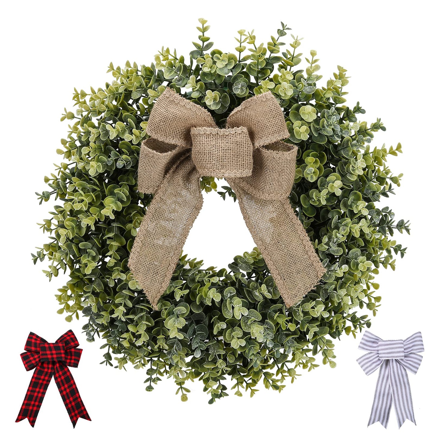 Pansu 19 Inch Boxwood Wreath, 3 Different Bows,Artificial Spring, Summer, Fall, or Winter Wreath ，Weatherproof Indoor/Outdoor Wreaths for Front Door