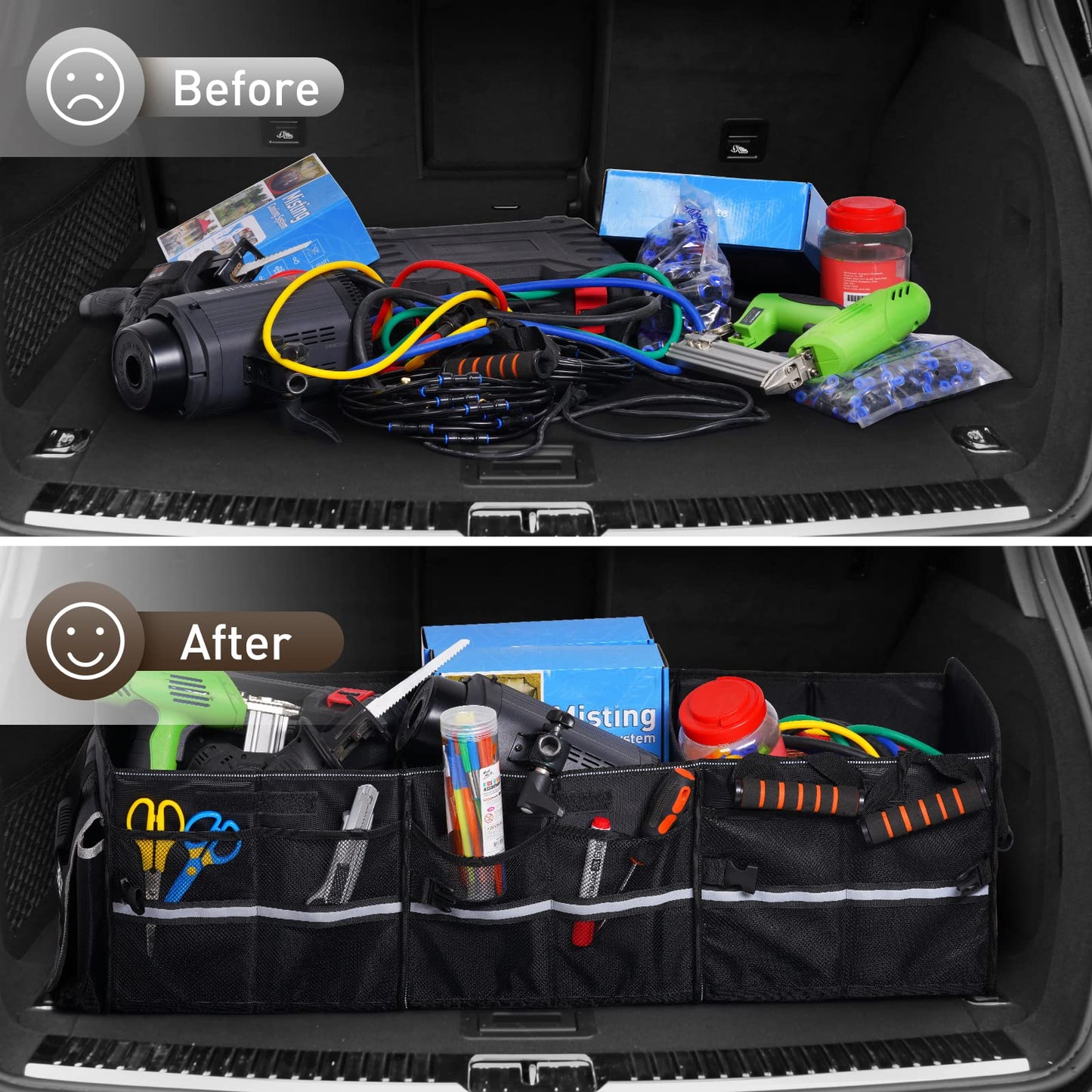 HIRALIY 4 in 1 Car Trunk Storage Organizer with Leakproof Cooler Bag, Multi-Compartment Foldable Trunk Storage Box for Car Truck SUV Black