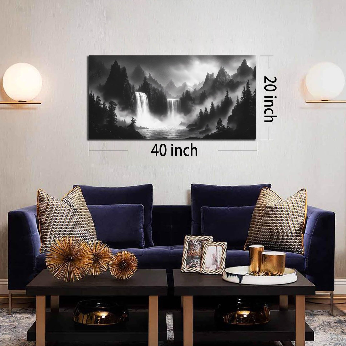 HUBOSKN Mountain Wall Pictures for Living Room Decor - Black and White Wall Art Bedroom - Waterfall Canvas Wall Art for Office Size 20" x 40"