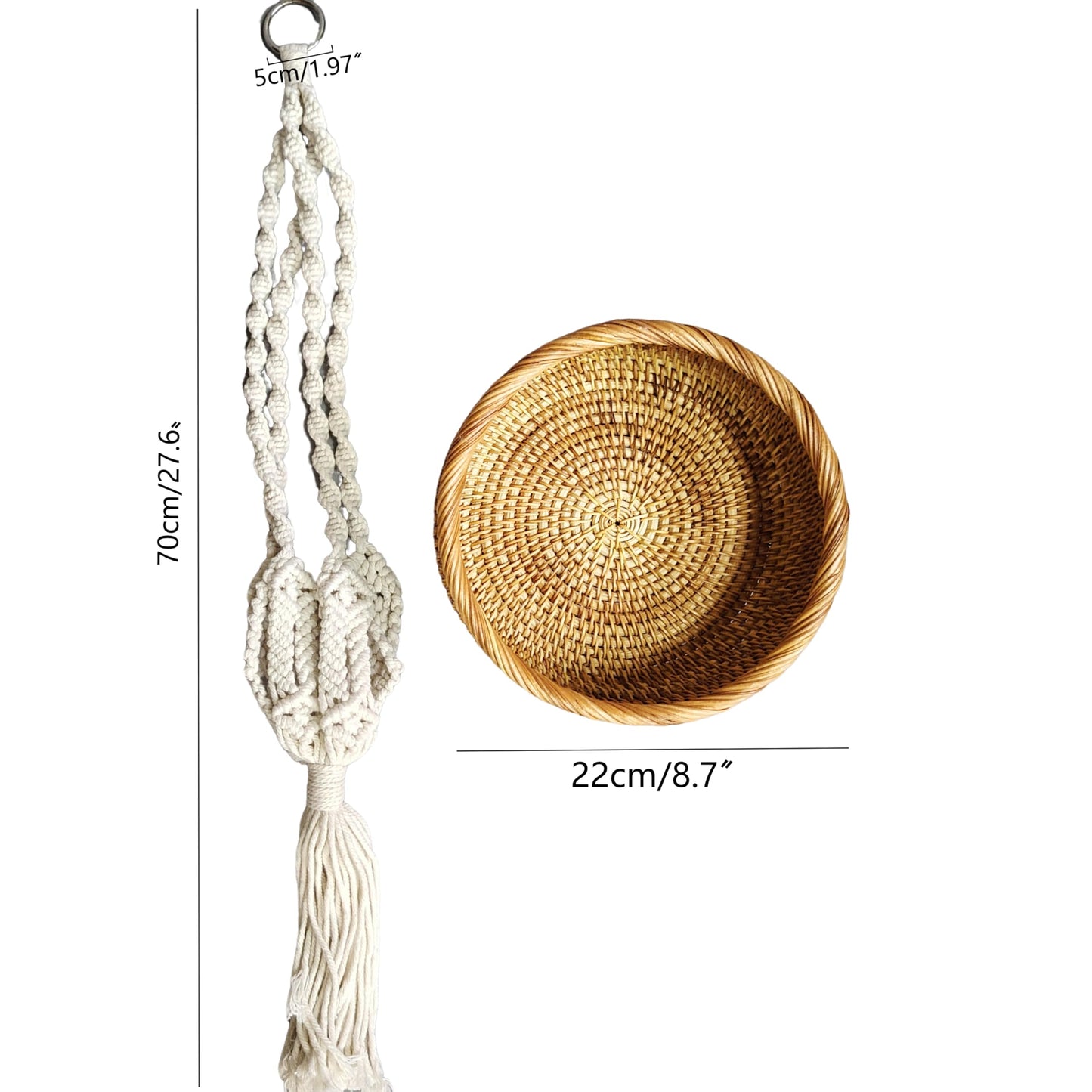 chicapica 8.7" Woven Macrame Plant Hanger & Hanging Rattan Basket - Boho Decorative Wall Basket for Indoor Plants & Dried Flowers - Handmade Wicker Storage for Farmhouse Home Decor, Living Room